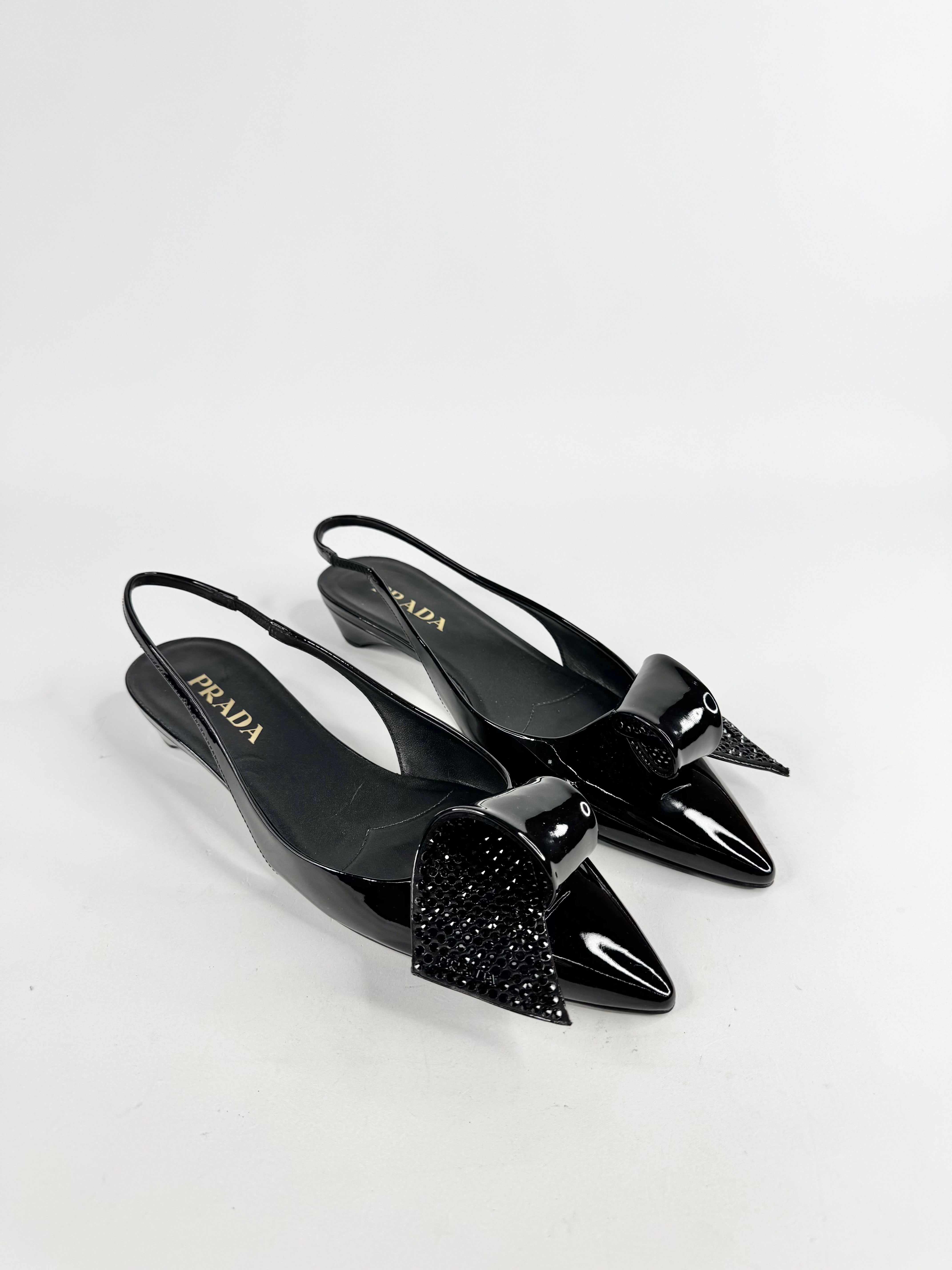 Prada Crystal Embellished Patent Leather Sling Backs - EU40