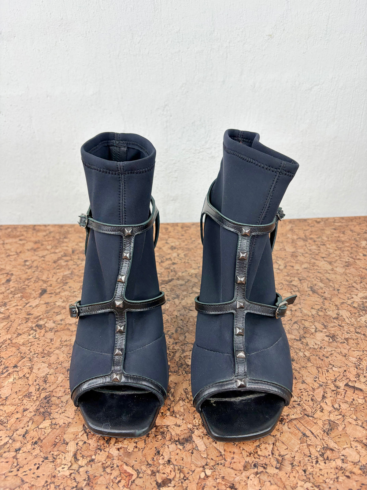 OVYÉ Black Neoprene & Leather Caged Studded Block Heels - EU39