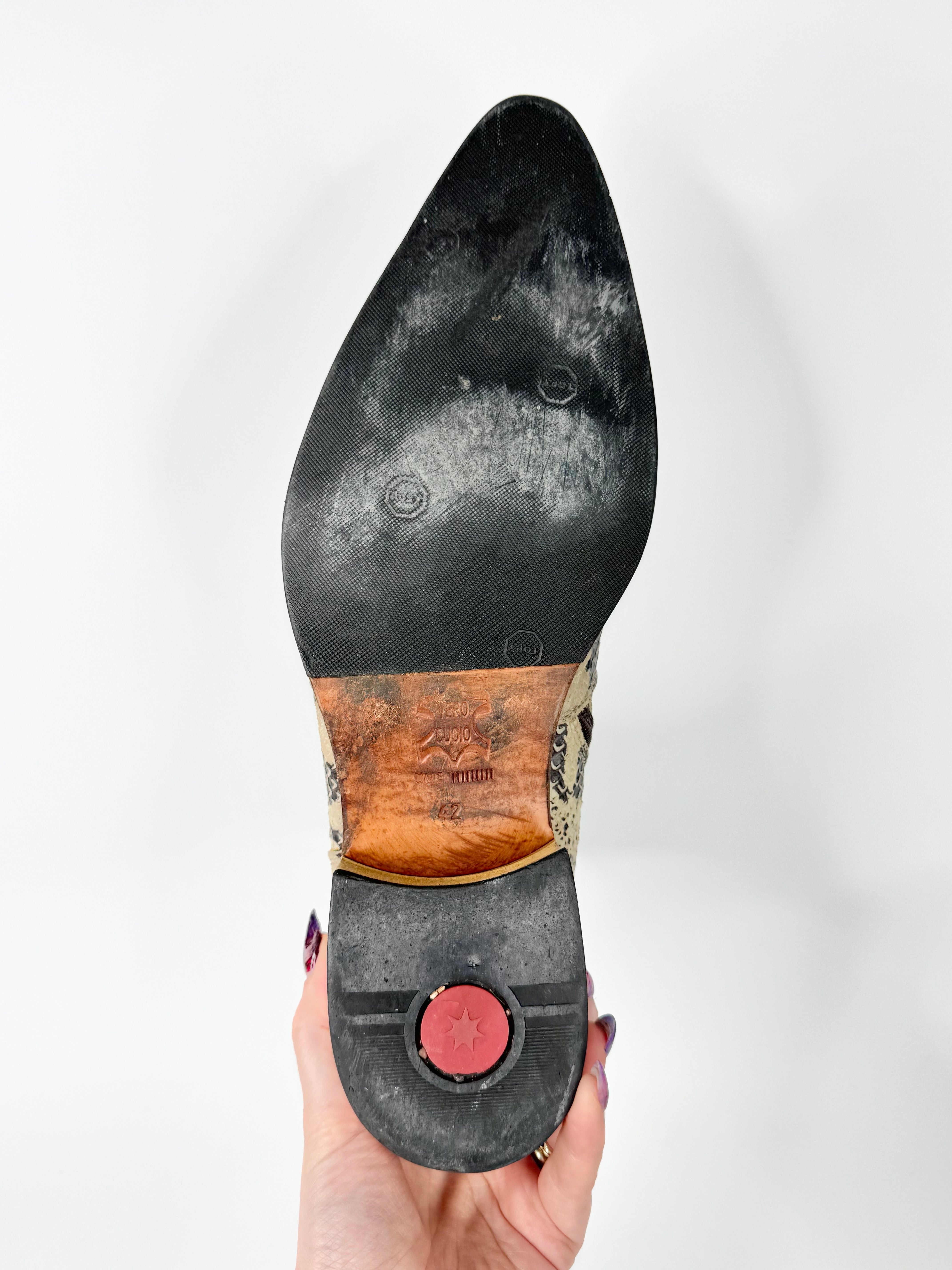 MFW Vintage Grey Snake Embossed Leather Pointed Toe Boots - EU42