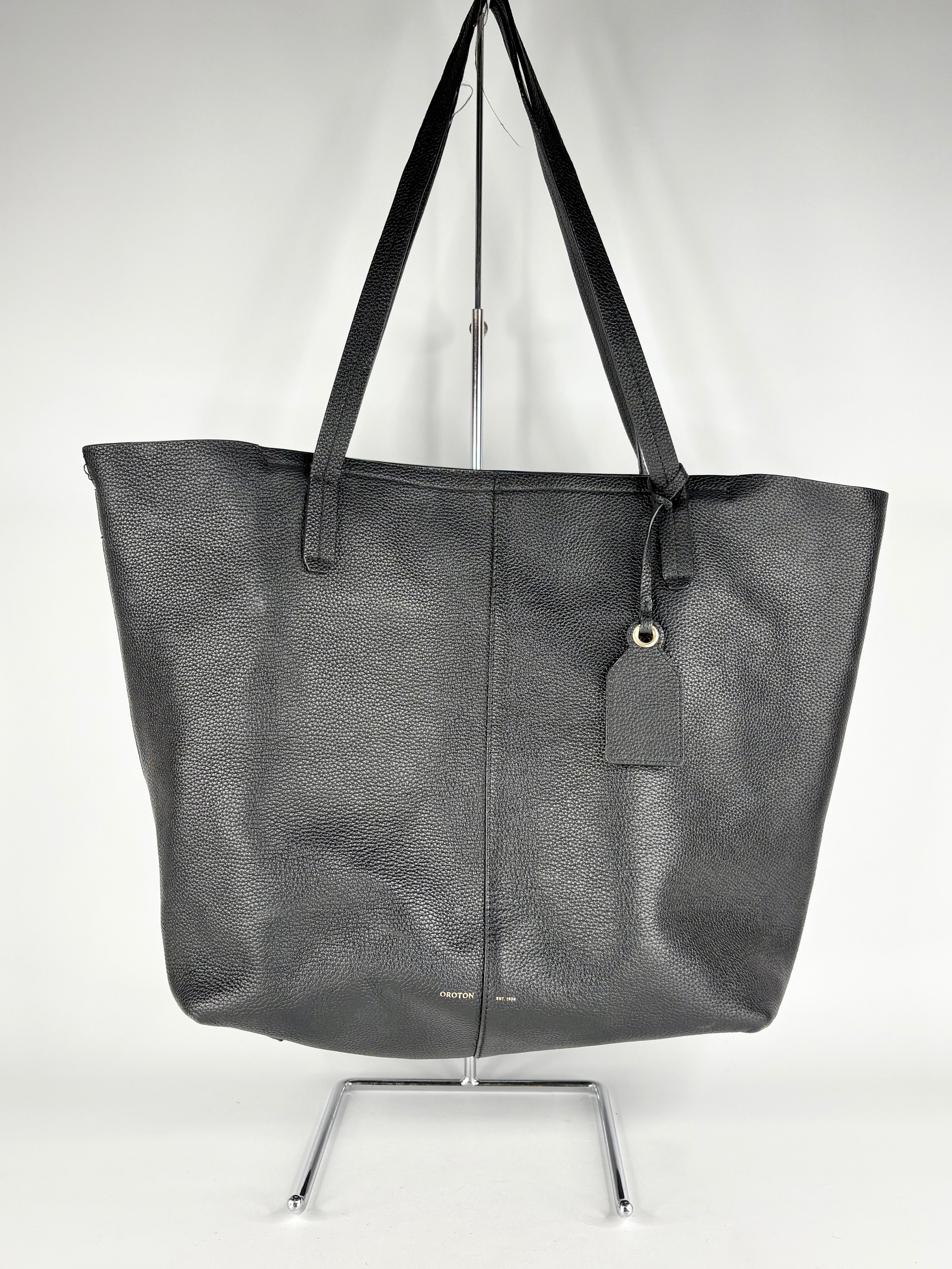 Oroton Grained Black Leather Tote Bag