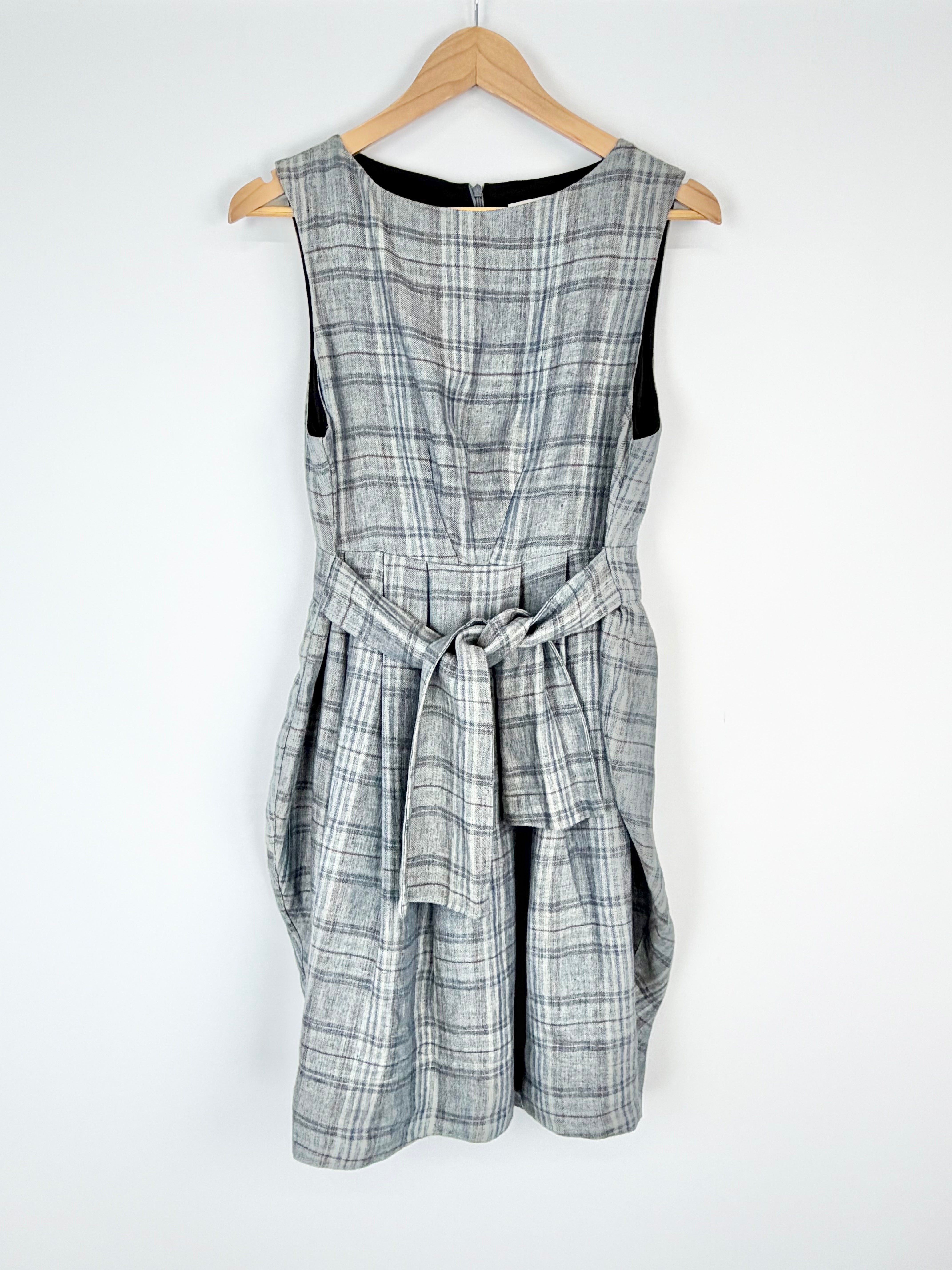 Nevenka Grey & Blue Linen & Cotton Plaid Midi Dress - AU12