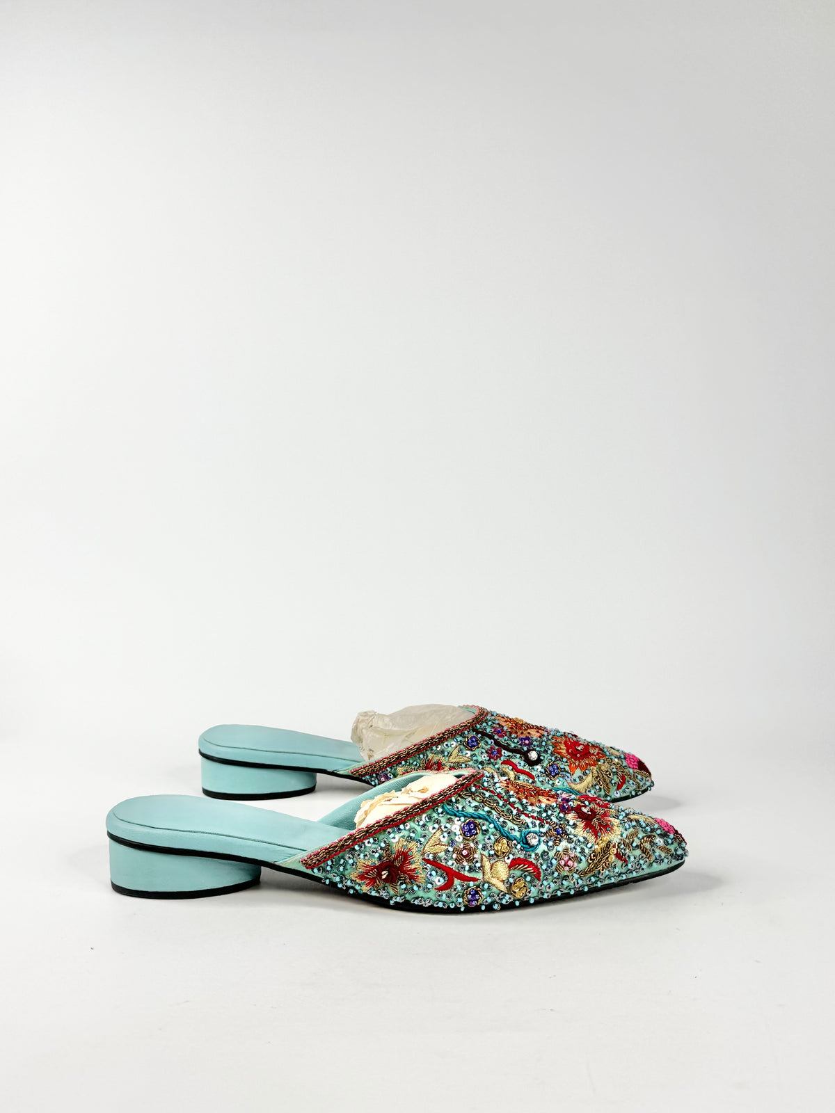 Aqua Hand Embroidered Mules - 9