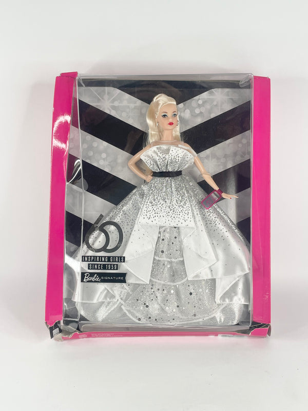 Rare Barbie Signature 60th Anniversary Doll with White Silver Dress Gown