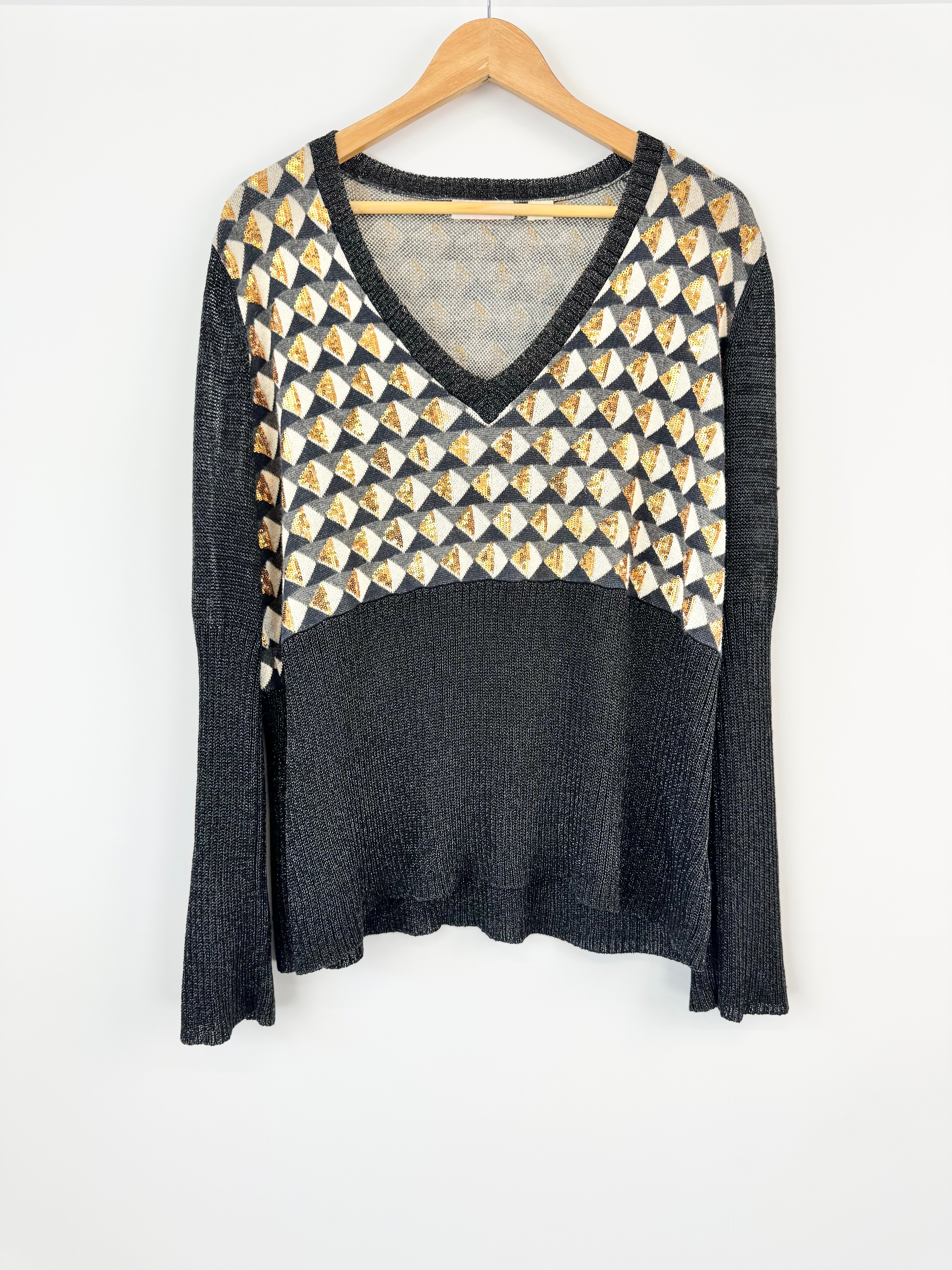 Sass & Bide 'Kicky Saints' Black, Grey & Cream Sequin Pattern Jumper - AU10/12