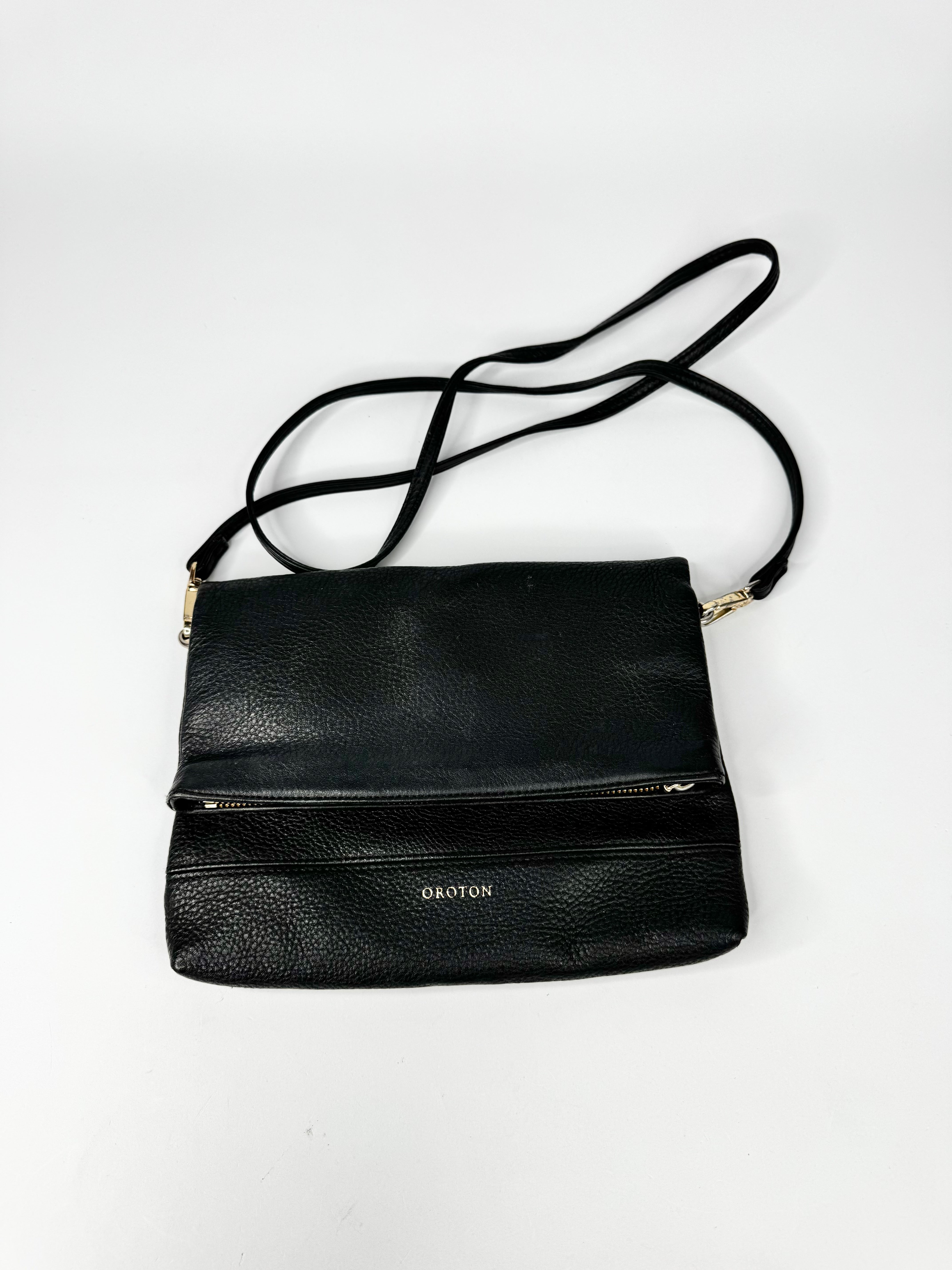 Oroton Black Leather Clutch Bag with Attachable Long Handle