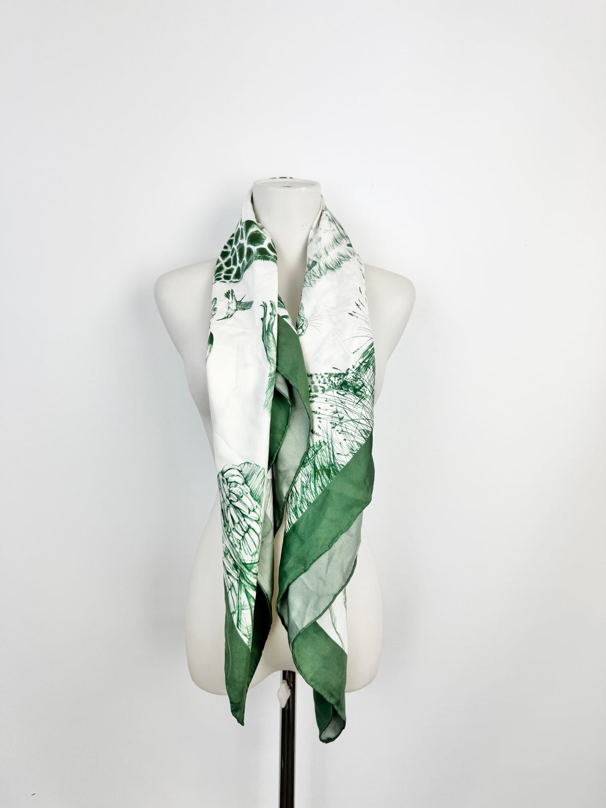 Green & White Safari Patterned Square Silk Scarf