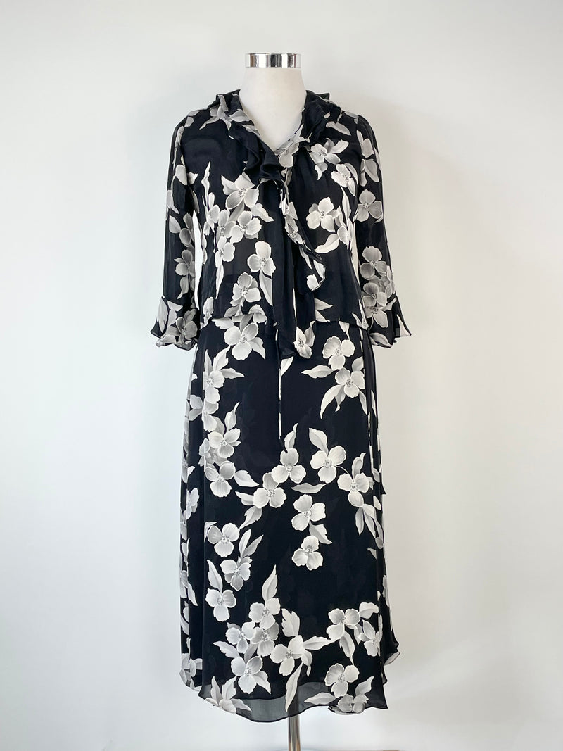 Jones New York Black Floral Silk Blouse & Skirt Set - AU12