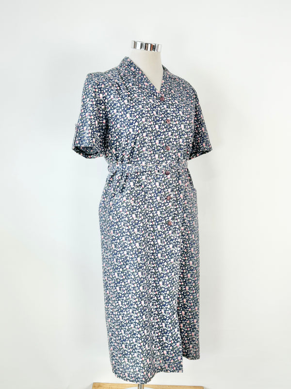 Vintage 80s Styled by David Tosol Blue Floral Dress - AU12