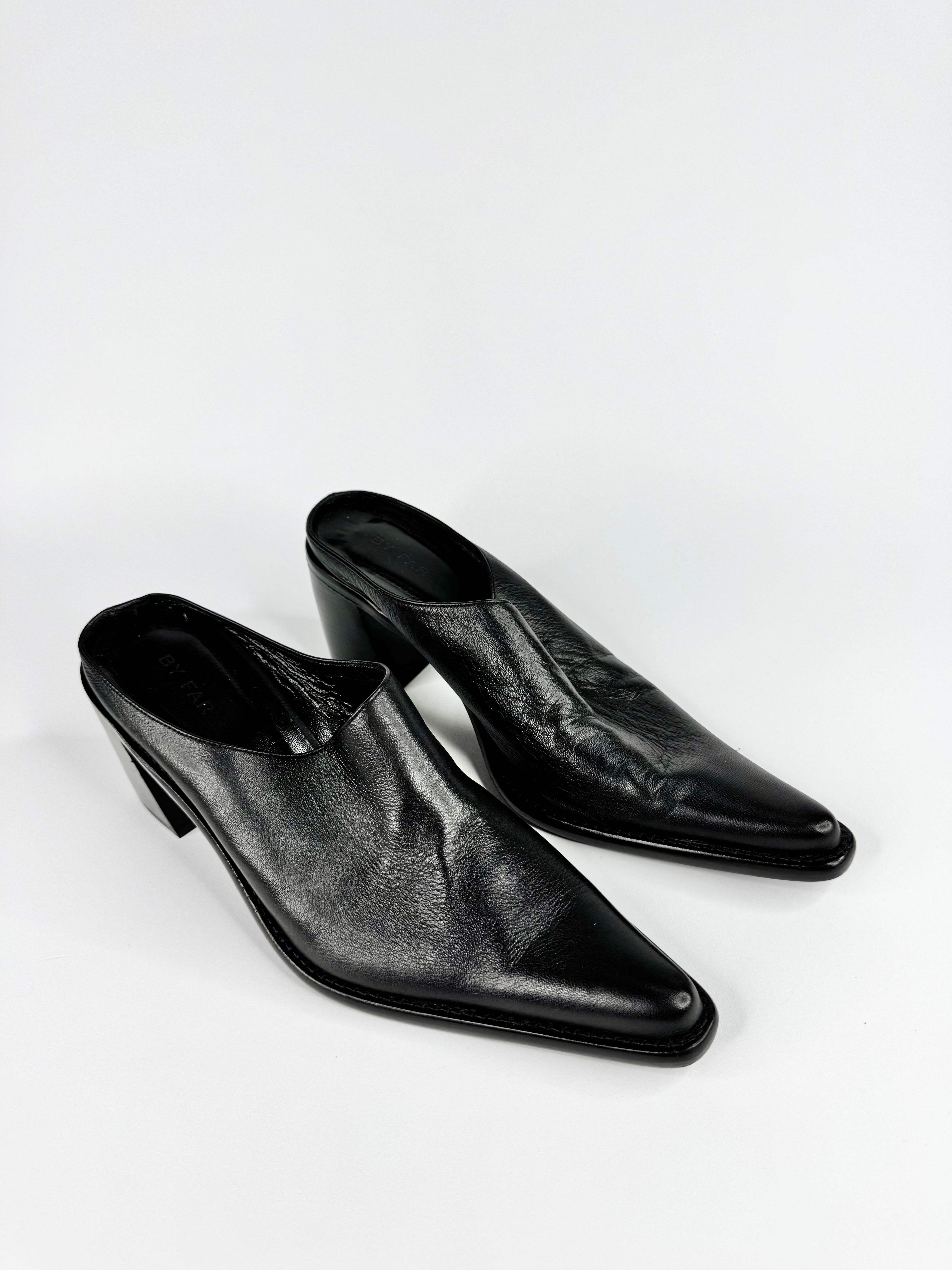 By Far Sleek Black Pointed Toe Leather Mules - EU36