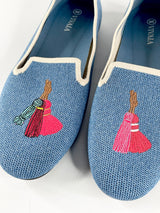 Vivaia Blue Denim 'Audrey' Round-Toe Embroidered Loafers - EU39