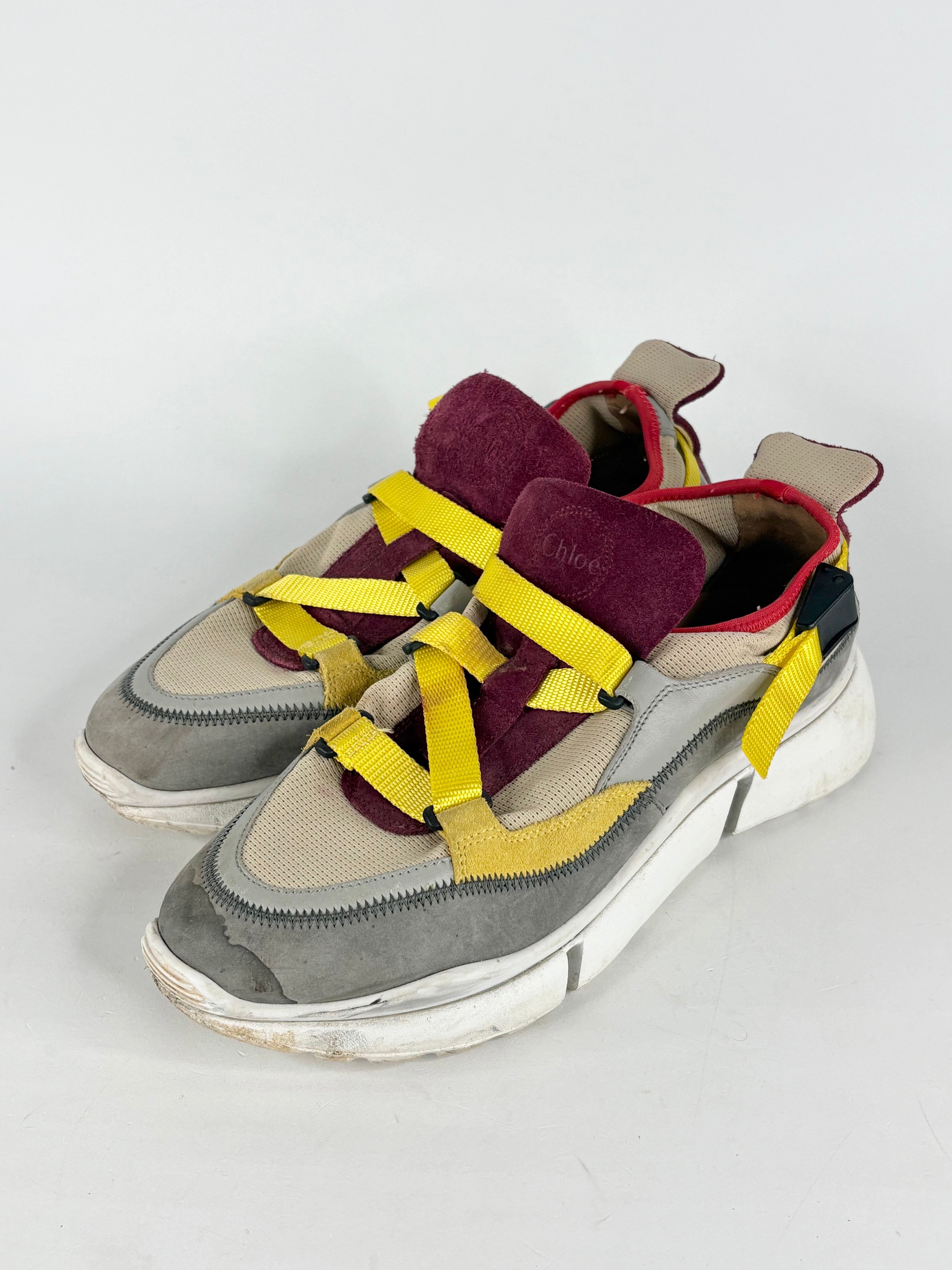 Chloé Grey, Maroon & Yellow 'Sonnie' Sneakers - EU40