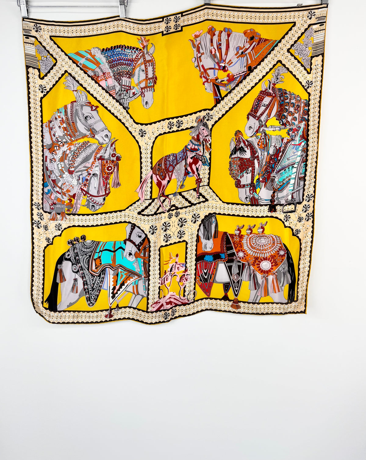 Yellow Silk Horse Patterned Scarf