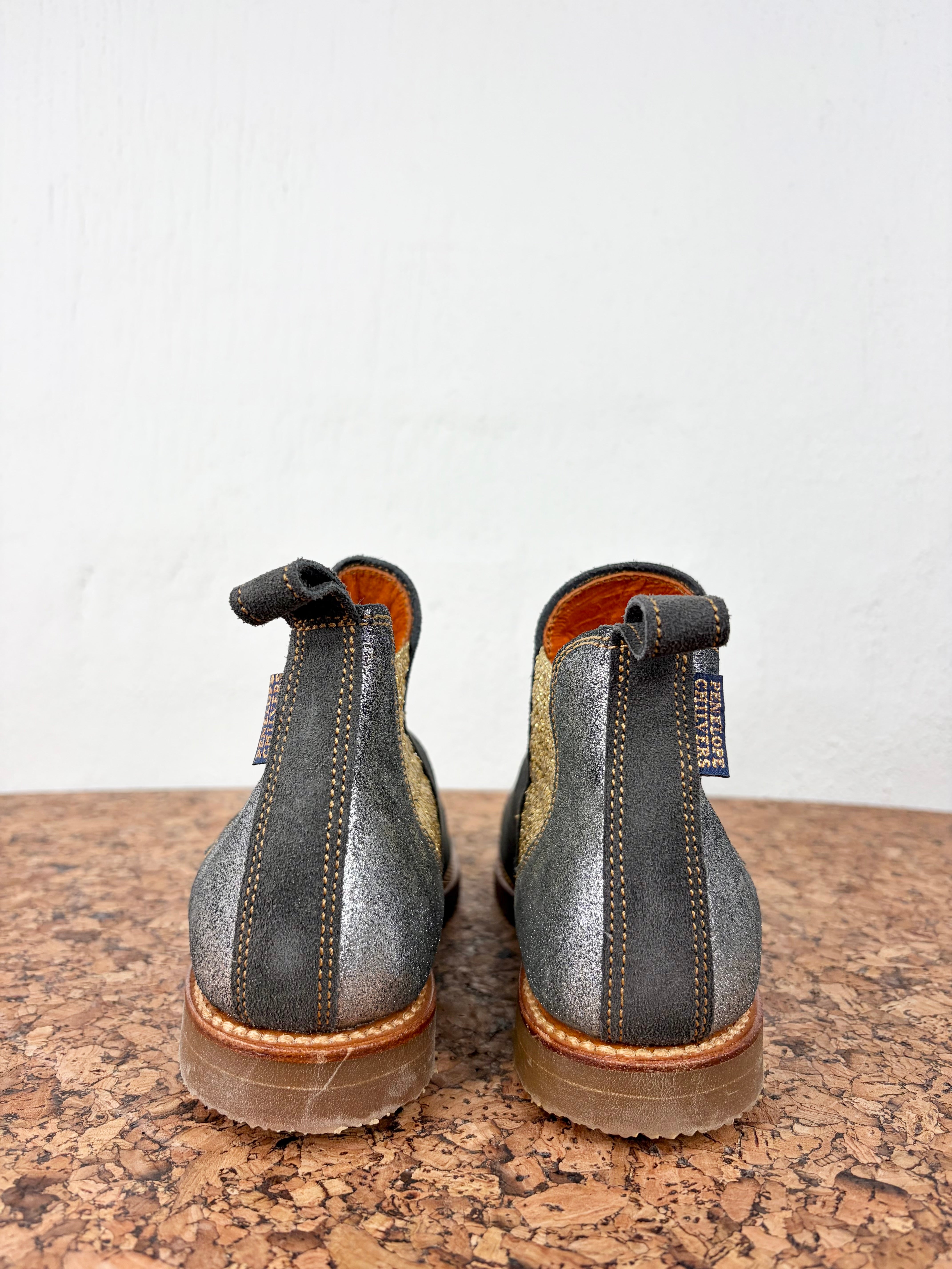 Penelope Chilvers Ash Grey, Metallic Gold & Silver Suede Ankle Boots - EU38