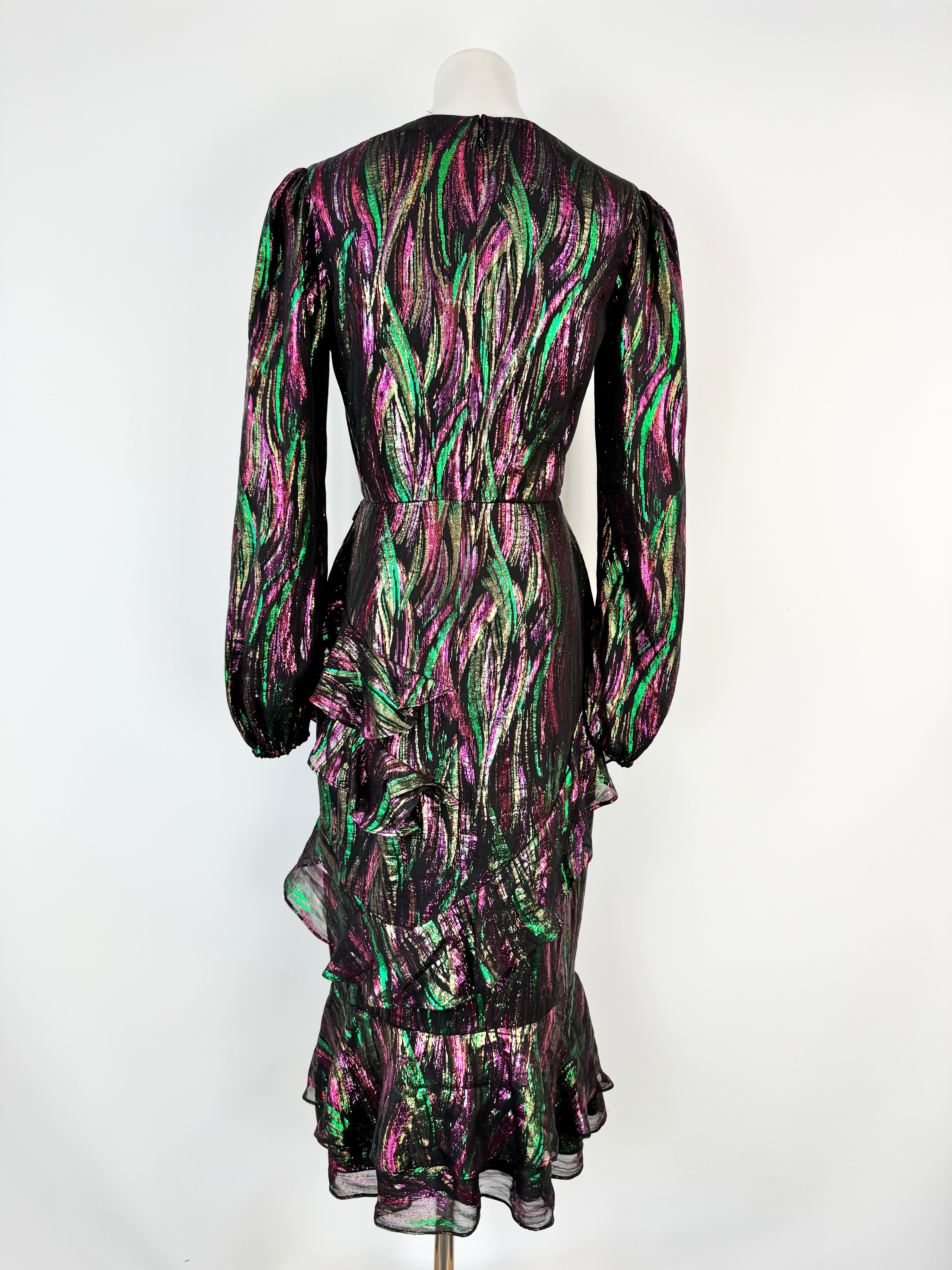 Saloni 'Alya' Ruffled Metallic Fil Coupe Silk-Blend Chiffon Midi Dress - AU8