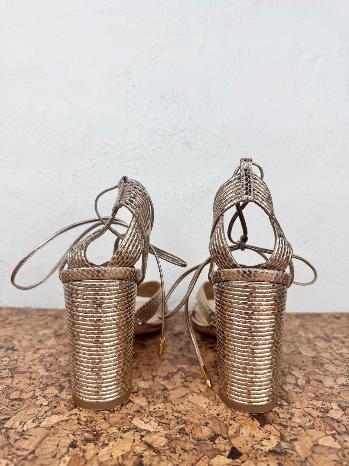 Aquazzura Rose Gold 'Ari' Metallic Leather Snakeskin Embossed Wrap Heels - EU37.5