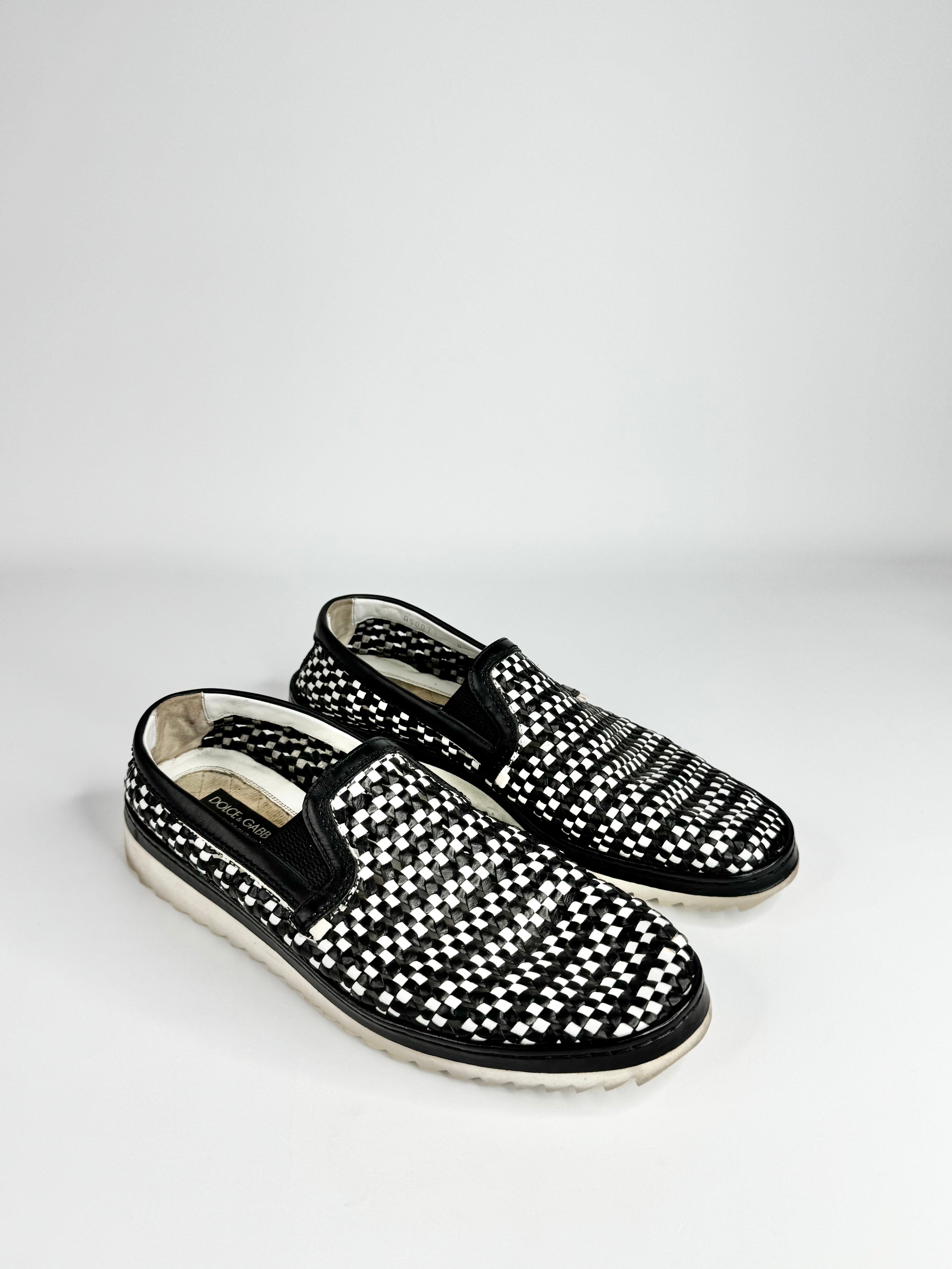 Dolce & Gabbana Black White Weaved Slip On Loafers - EU42