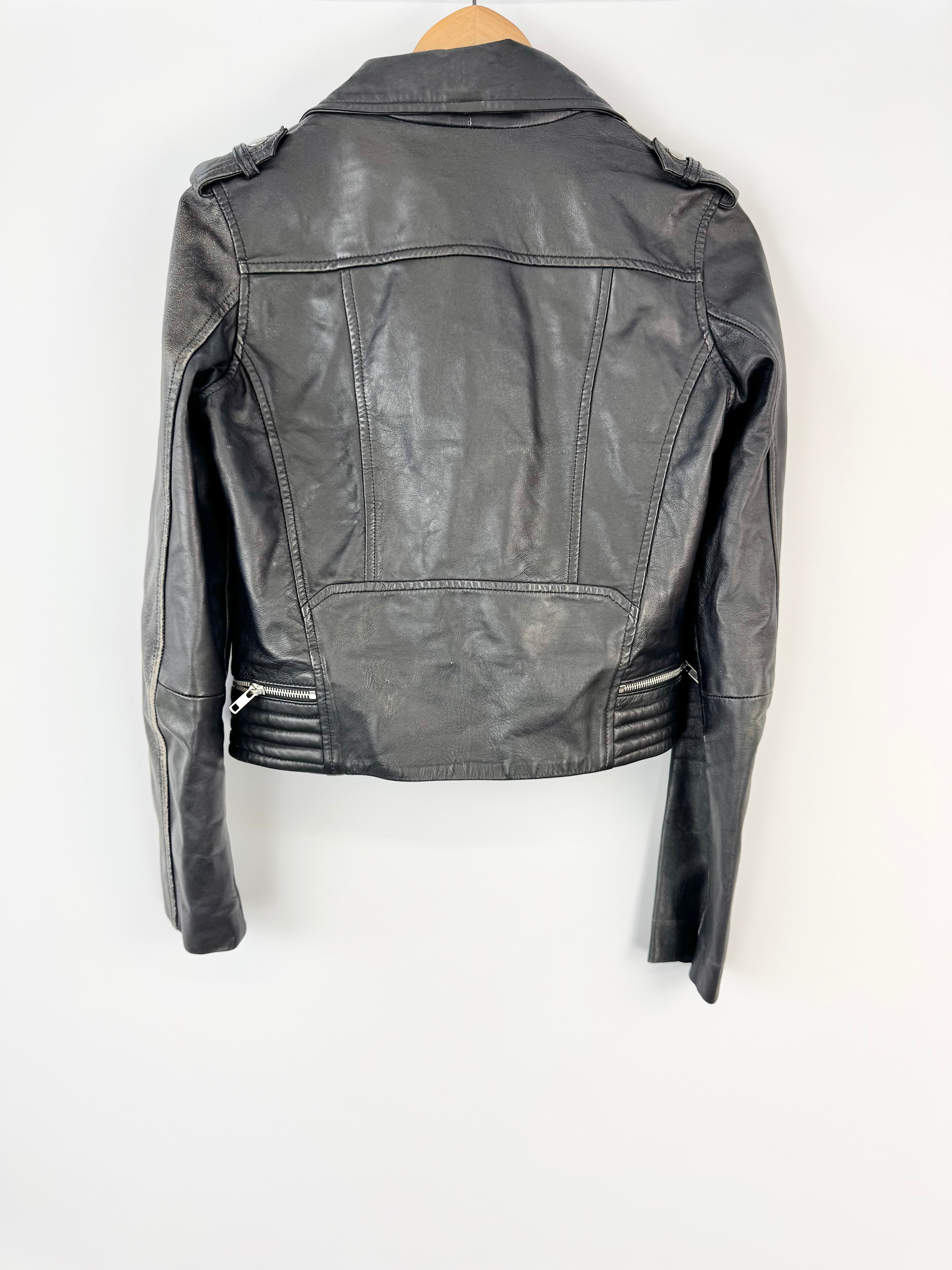 Maje Black Leather Cropped Biker Jacket - AU10