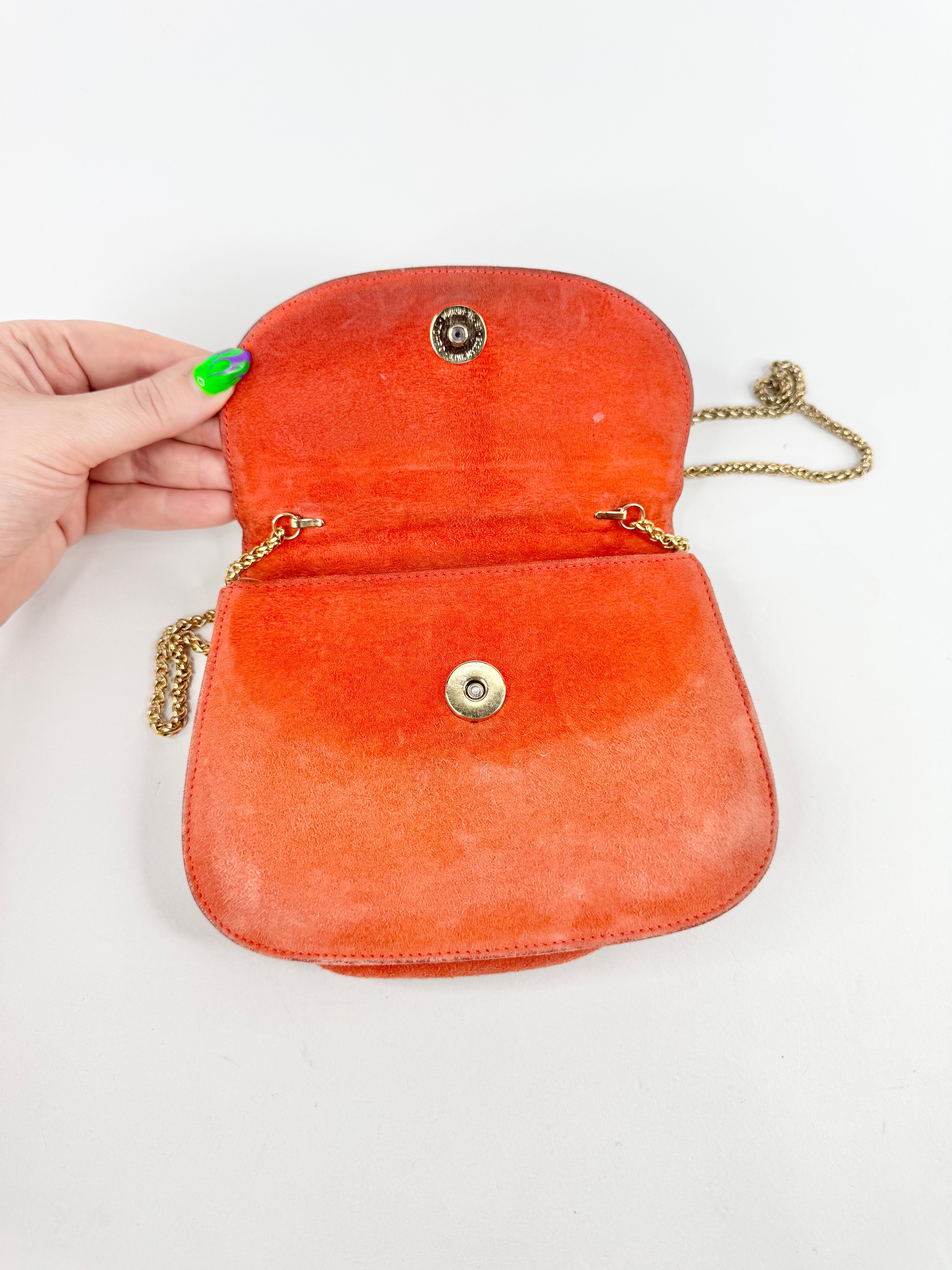Vintage Gucci Mini Orange Sorbet Suede Bamboo Cross Body Bag