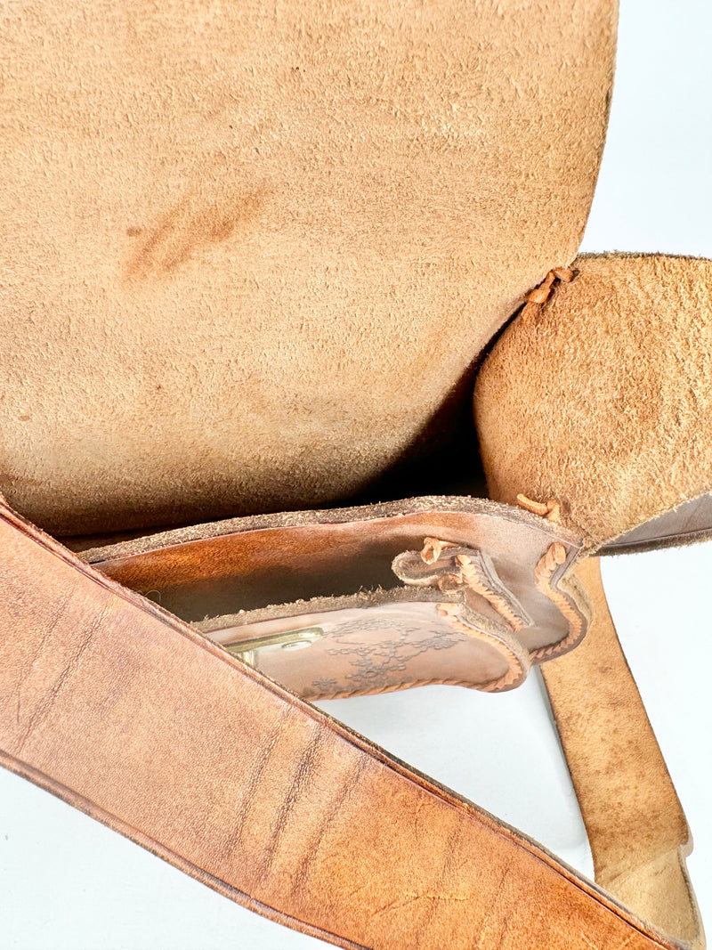 Hand Made Tan Cherry Blossom Stamped Leather Cross Body Bag