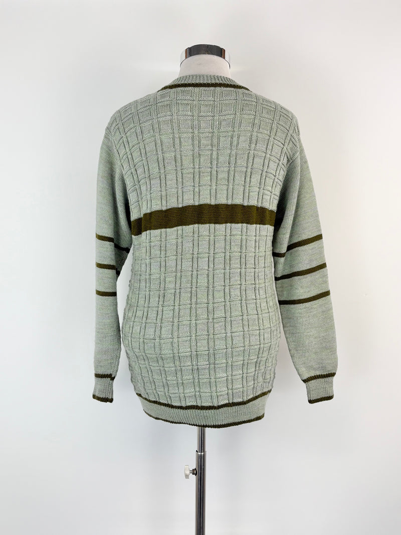 Hand-Made Wool Knit Sage Striped Sweater - AU12