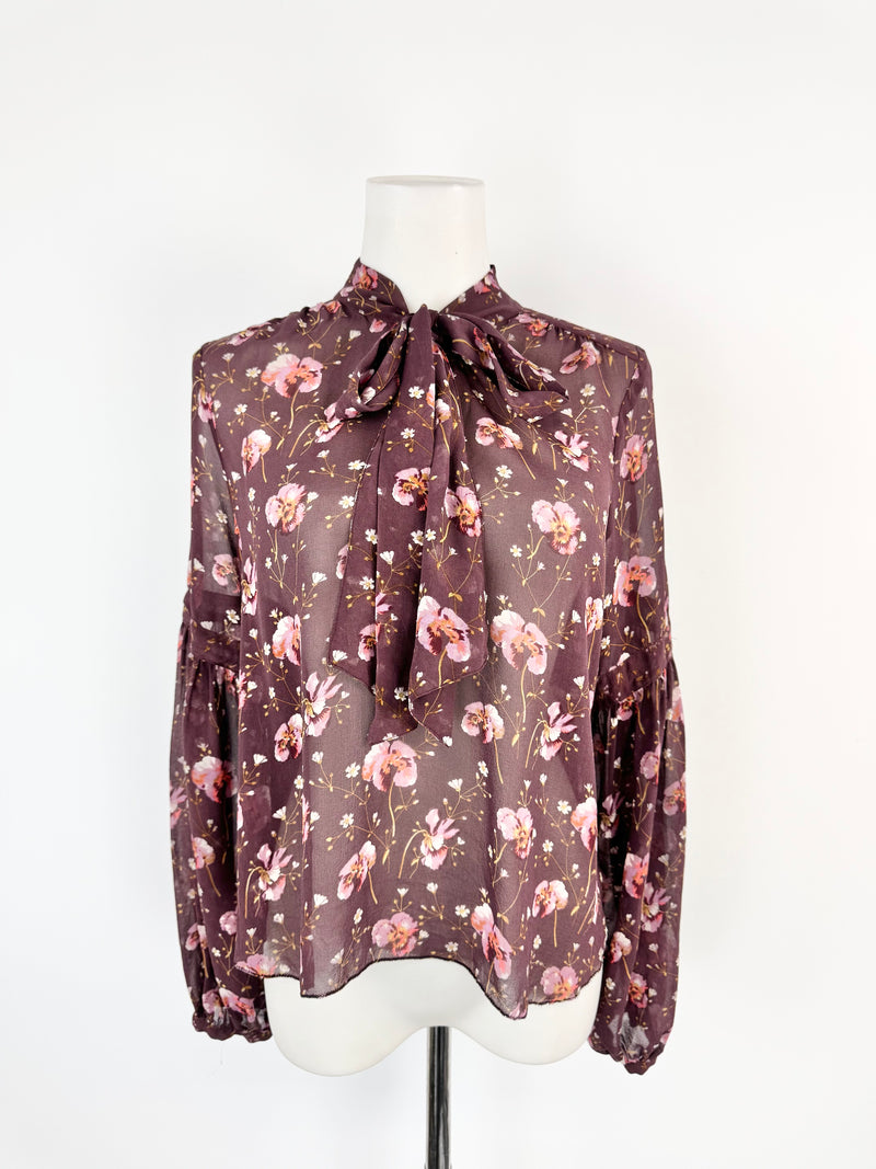 Ulla Johnson Sheer Magenta Pansy Patterned Bishop Sleeve Blouse - AU8