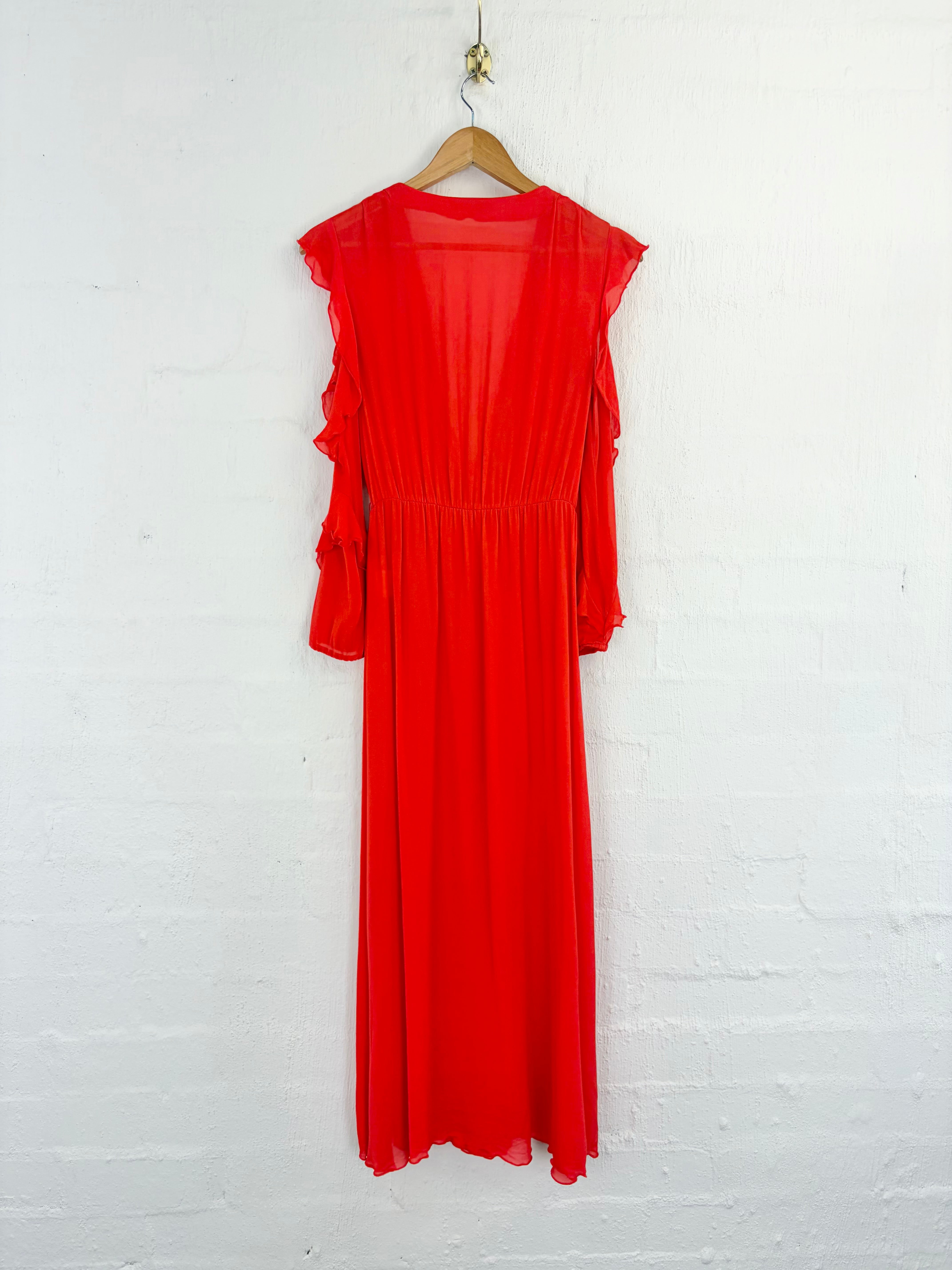 Maje Sheer Crimson Silk Ruffle Dress - AU10