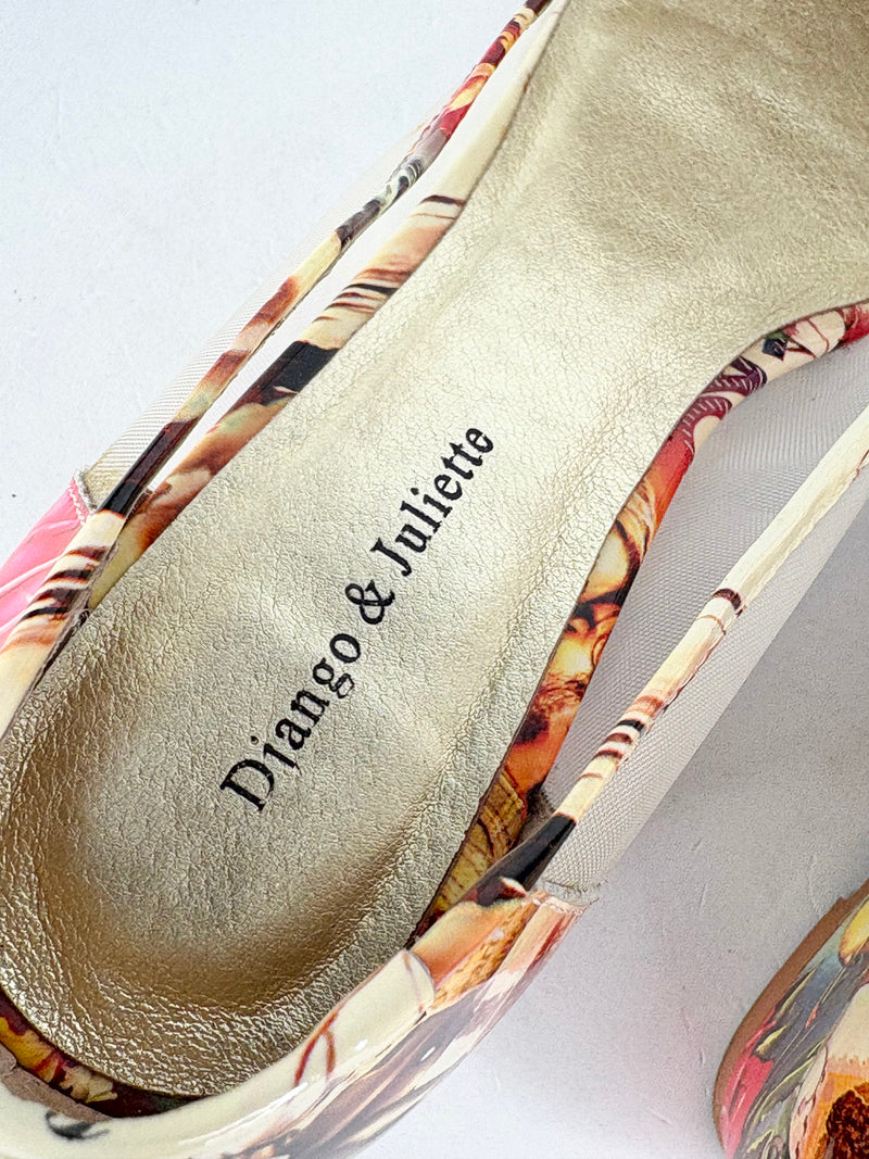 Django & Juliette Brunella Print Leather Peep-Toe Wedges - EU41