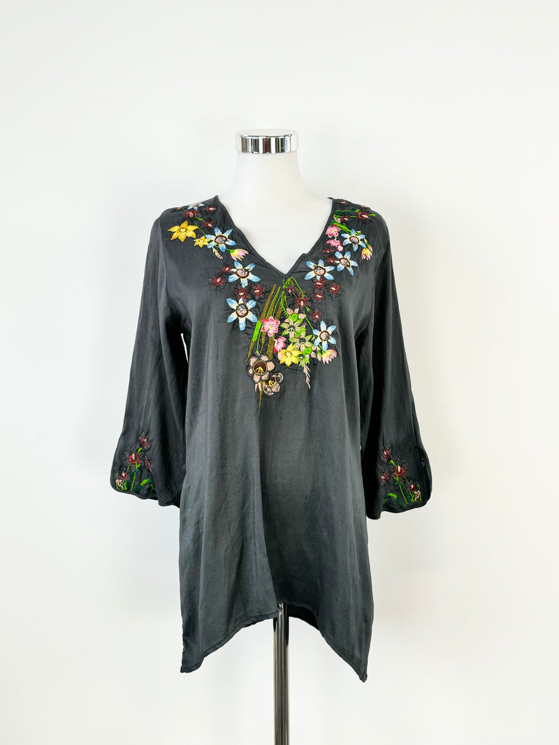 Johnny Was Dark Grey Silk Floral Embroidered Blouse - AU10