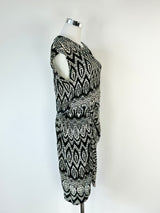 Thakoon Black & Cream Patterned Silk Gathered Midi Dress - AU8/10