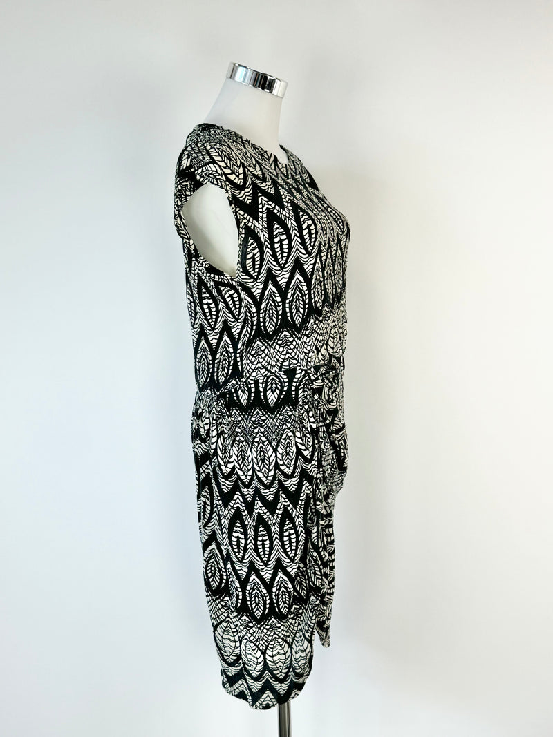 Thakoon Black & Cream Patterned Silk Gathered Midi Dress - AU8/10