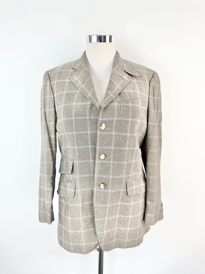 Etro Milano Grey & Blue Plaid Blue Cashmere Blazer - 50