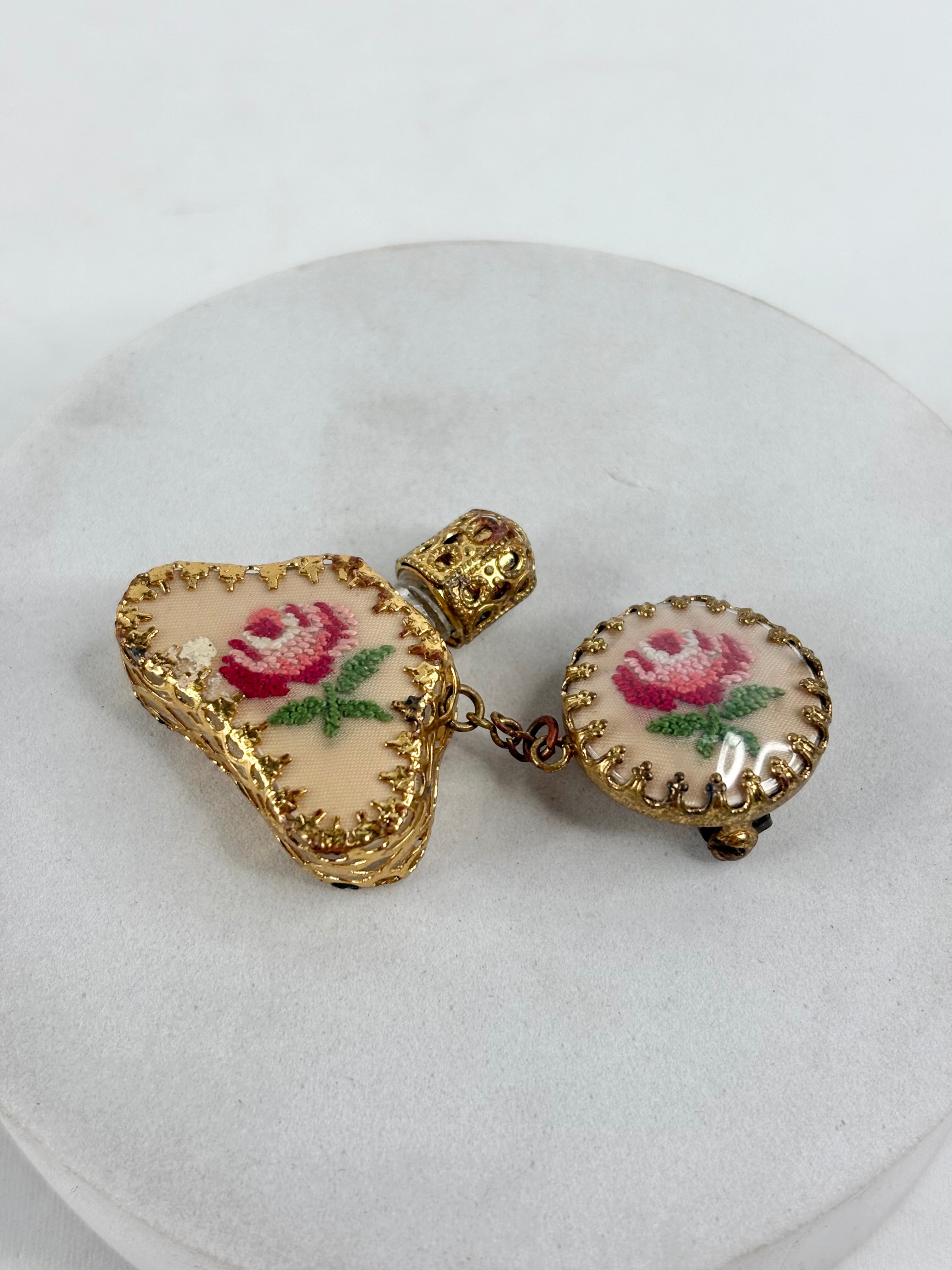 Vintage 50s Petit Point Filigree Perfume Bottle & Chatelaine Chain Brooch