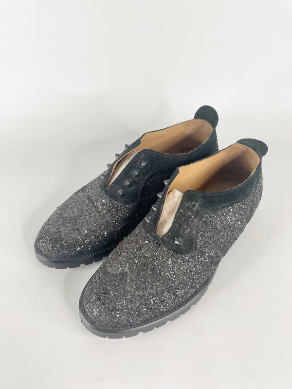 L'F Shoes Black Leather Glitter Studded Slip Ons - EU40