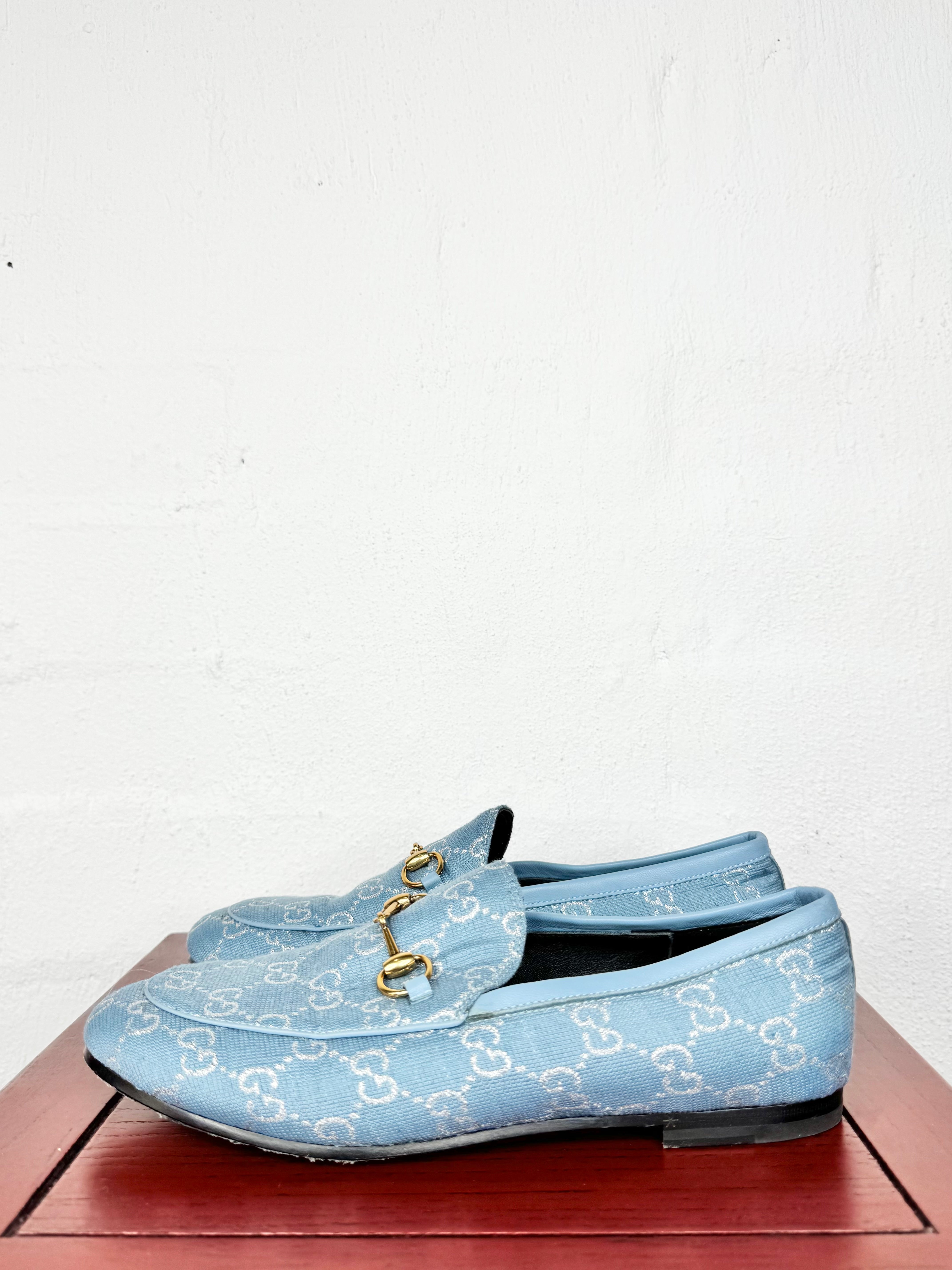 Gucci Blue & Silver Lame GG Jordaan Loafers - EU38