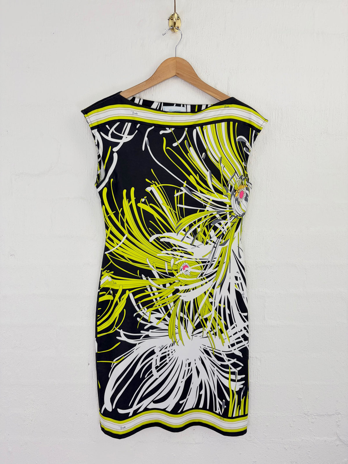 2000s Emilio Pucci Black, Lime Gren, White & Pink Floral Patterned Silk Jersey Dress - AU8/10