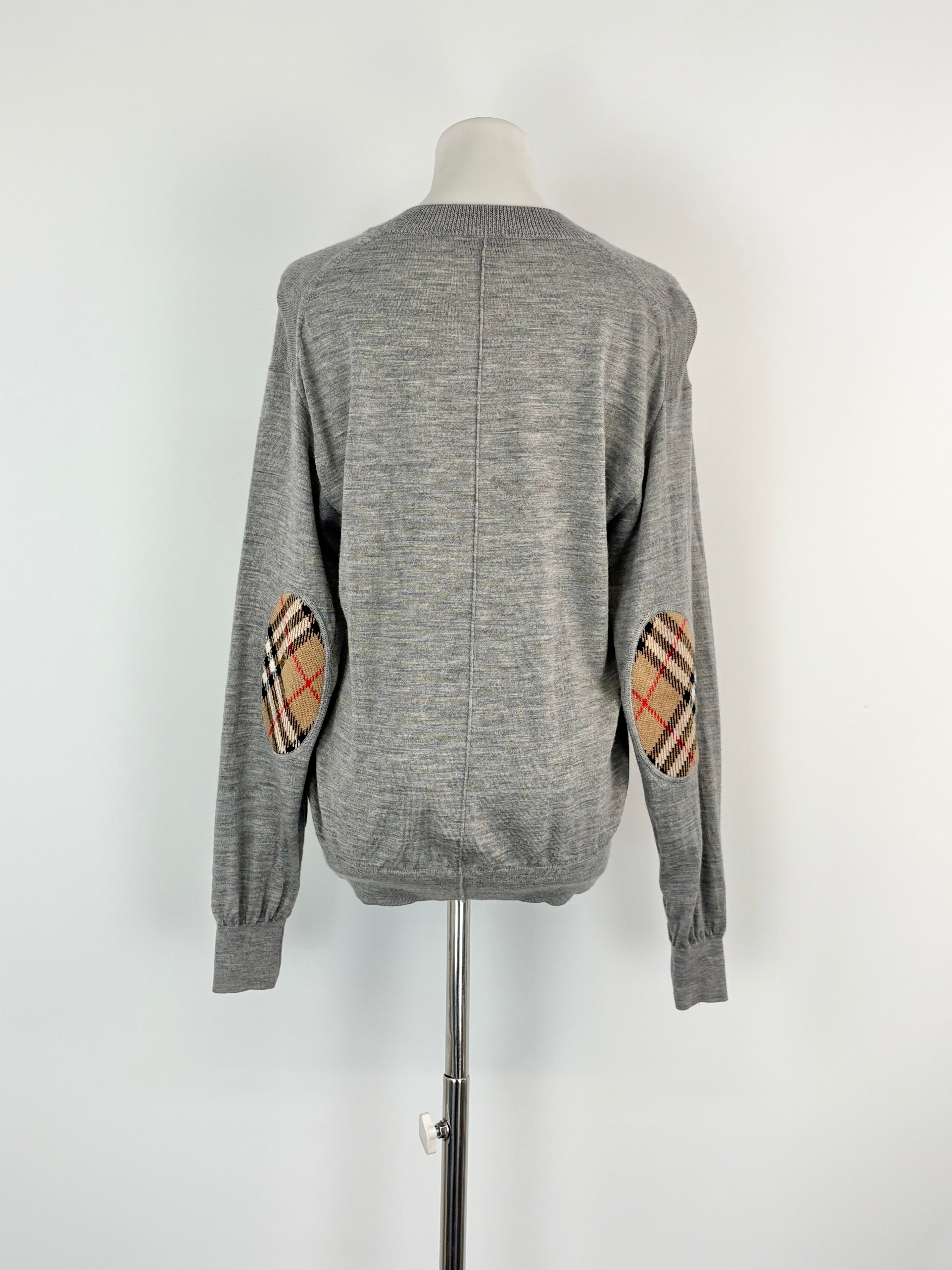 Burberry Vintage-Novacheck Elbow Patch Grey 'Dornoch' Cardigan - AU8/10