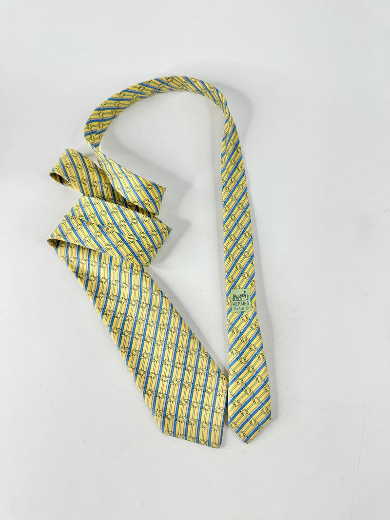 Vintage Hermes Butter Yellow & Blue Patterned Tie