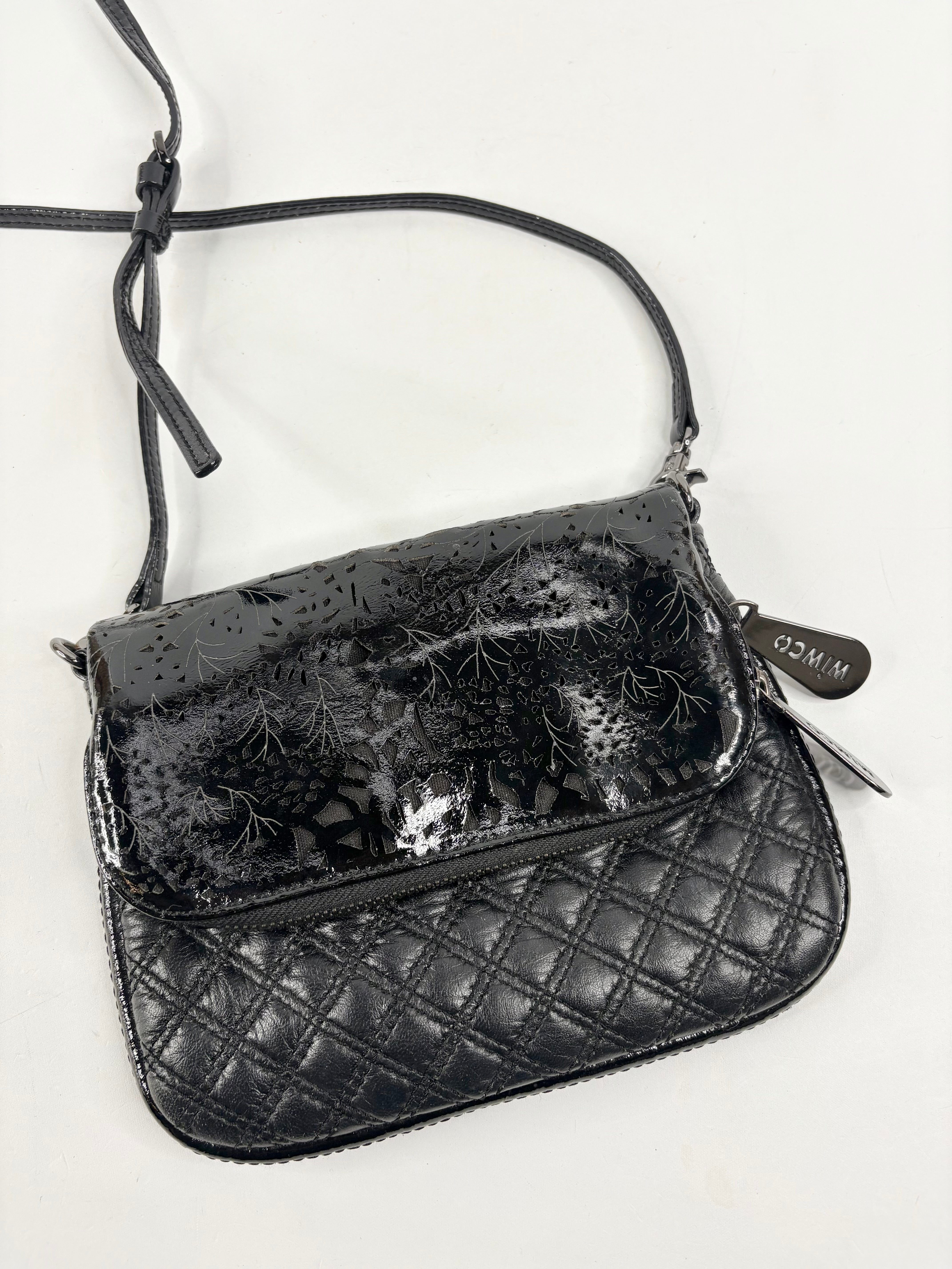 Mimco Black Quilted & Laser Cut Leather Mini Crossbody Bag