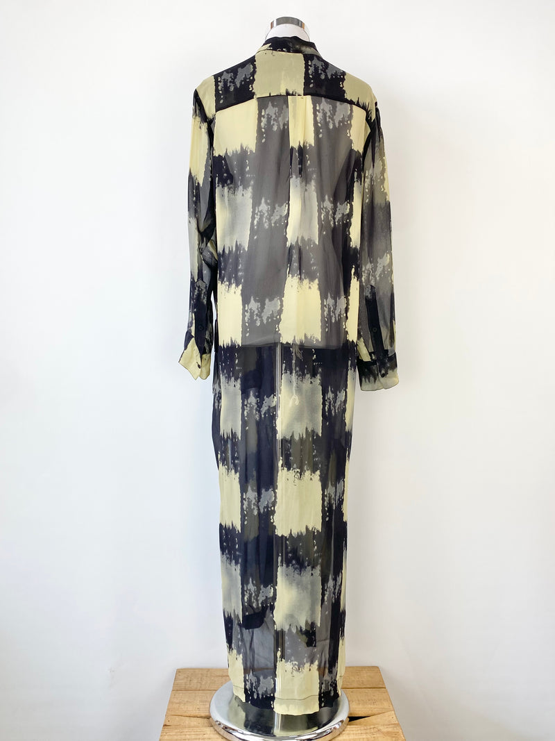 Lee Mathews Marbled Patterned Sheer Silk Long Sleeve Maxi Dress - AU8