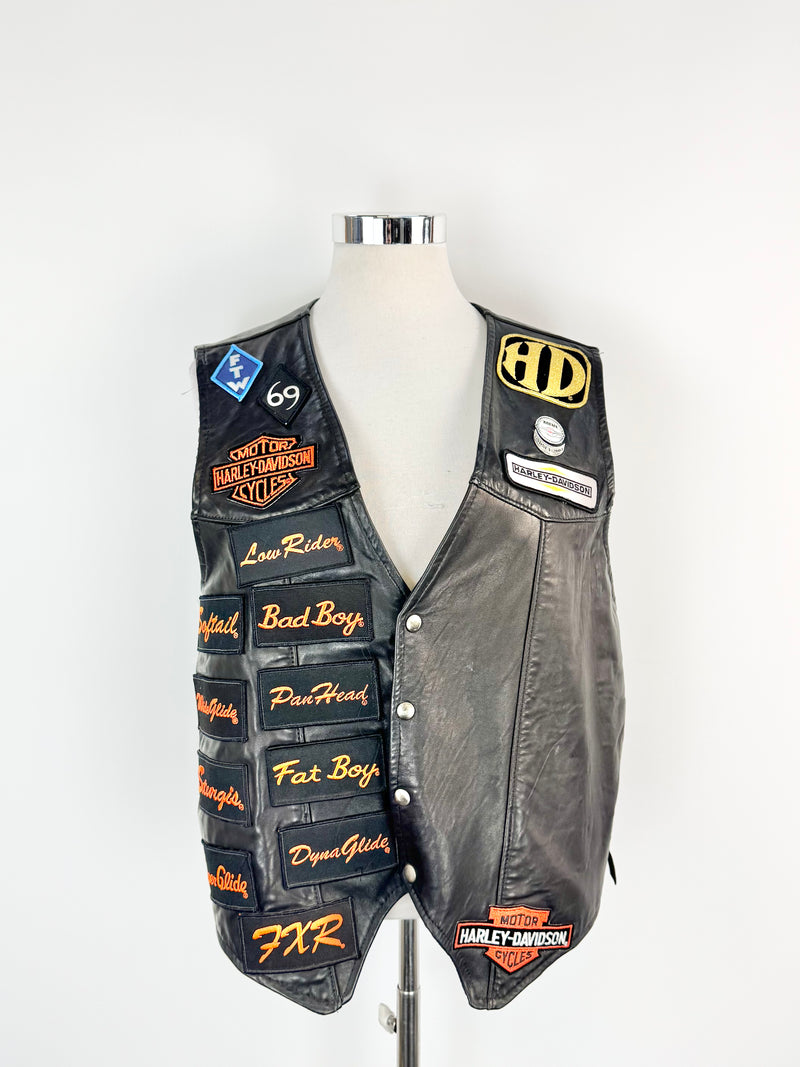 Vintage Harley Davidson Black Leather Patched Vest - XXL