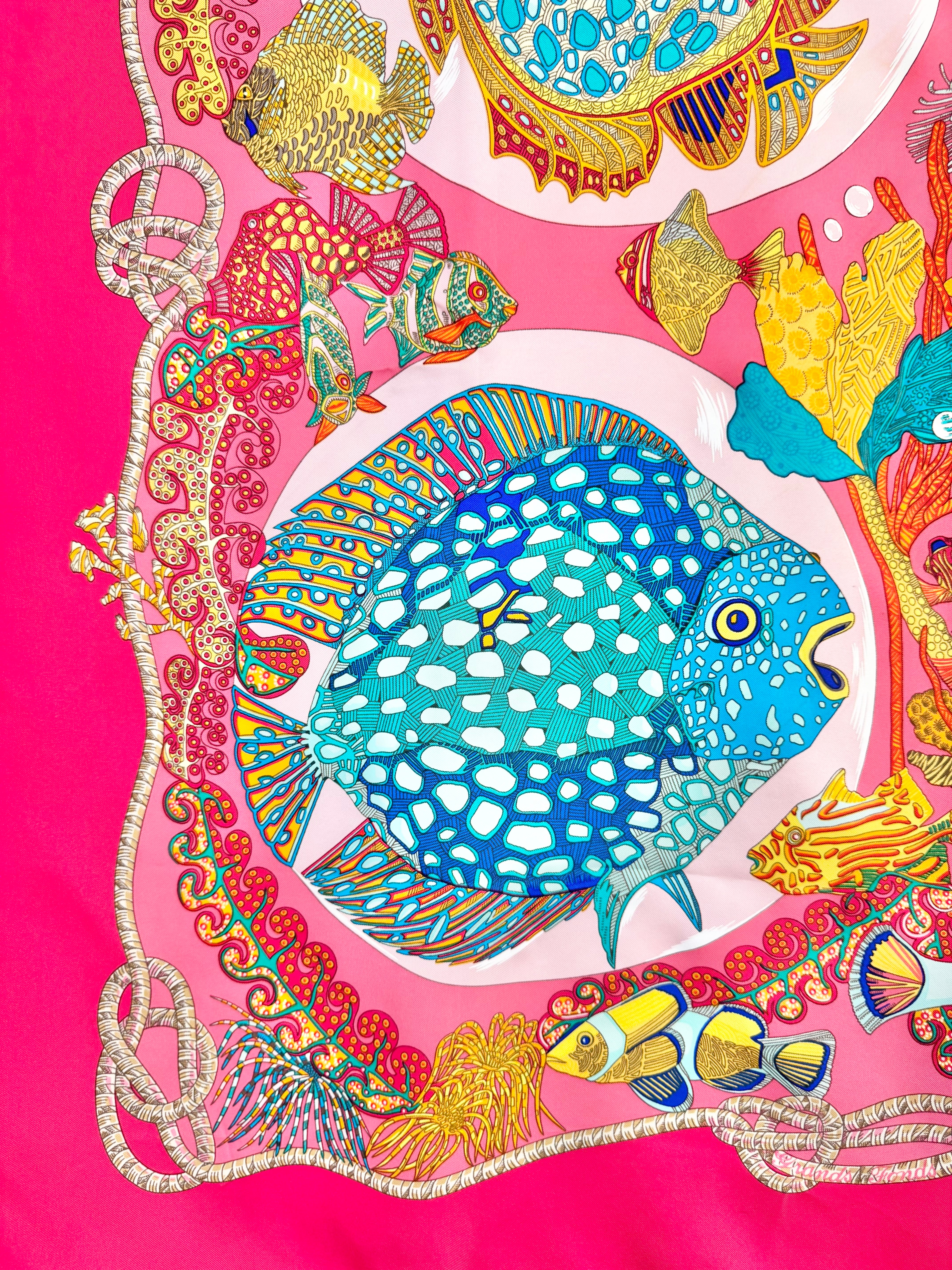 Hermès Cerise Pink Accordian Fish Silk Scarf