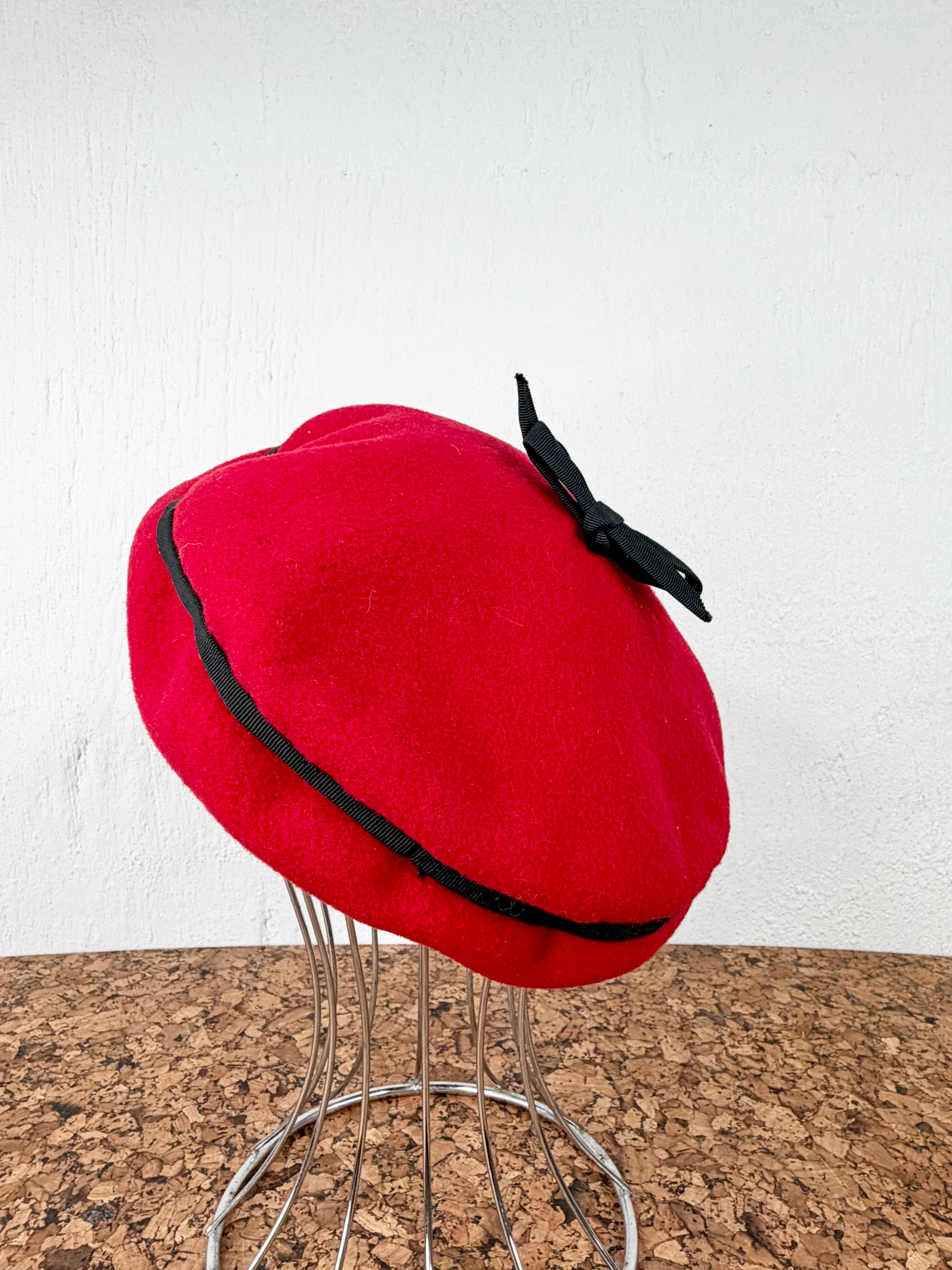 Vintage Jacques Pinturier Red & Black Trim Beret