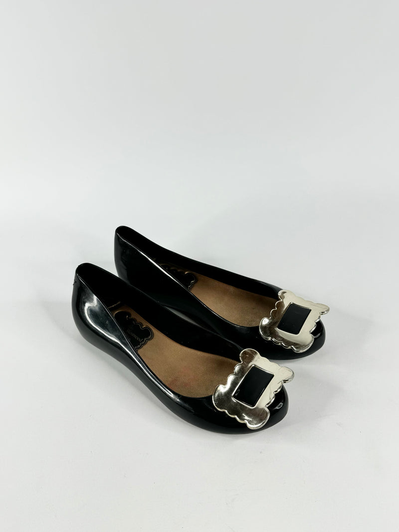 Vivienne Westwood x Melissa Black Silver Buckle Peep Toe Ballet Flats - EU38