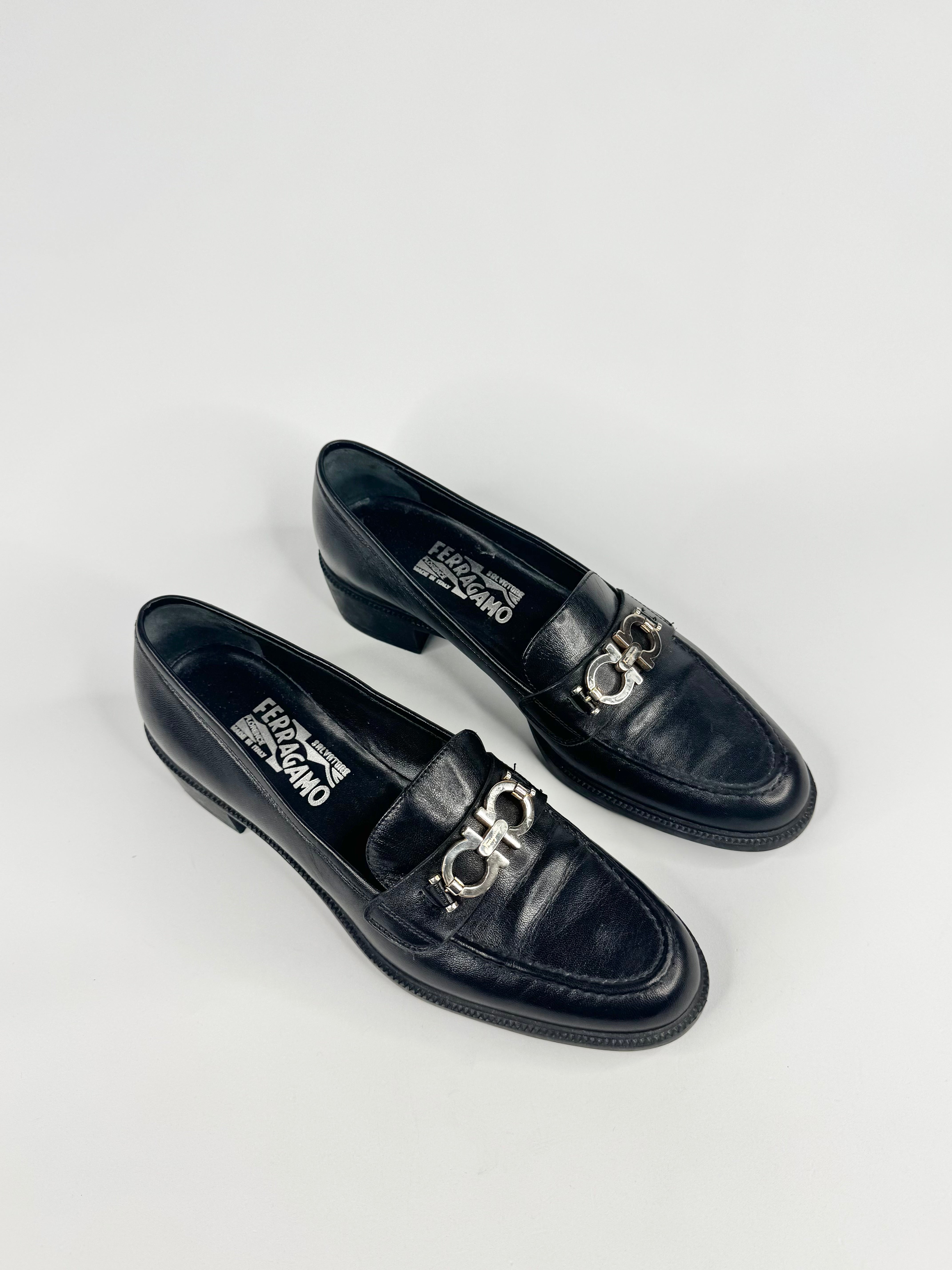 Salvatore Ferragamo Black Gancini Leather Loafers - EU37.5