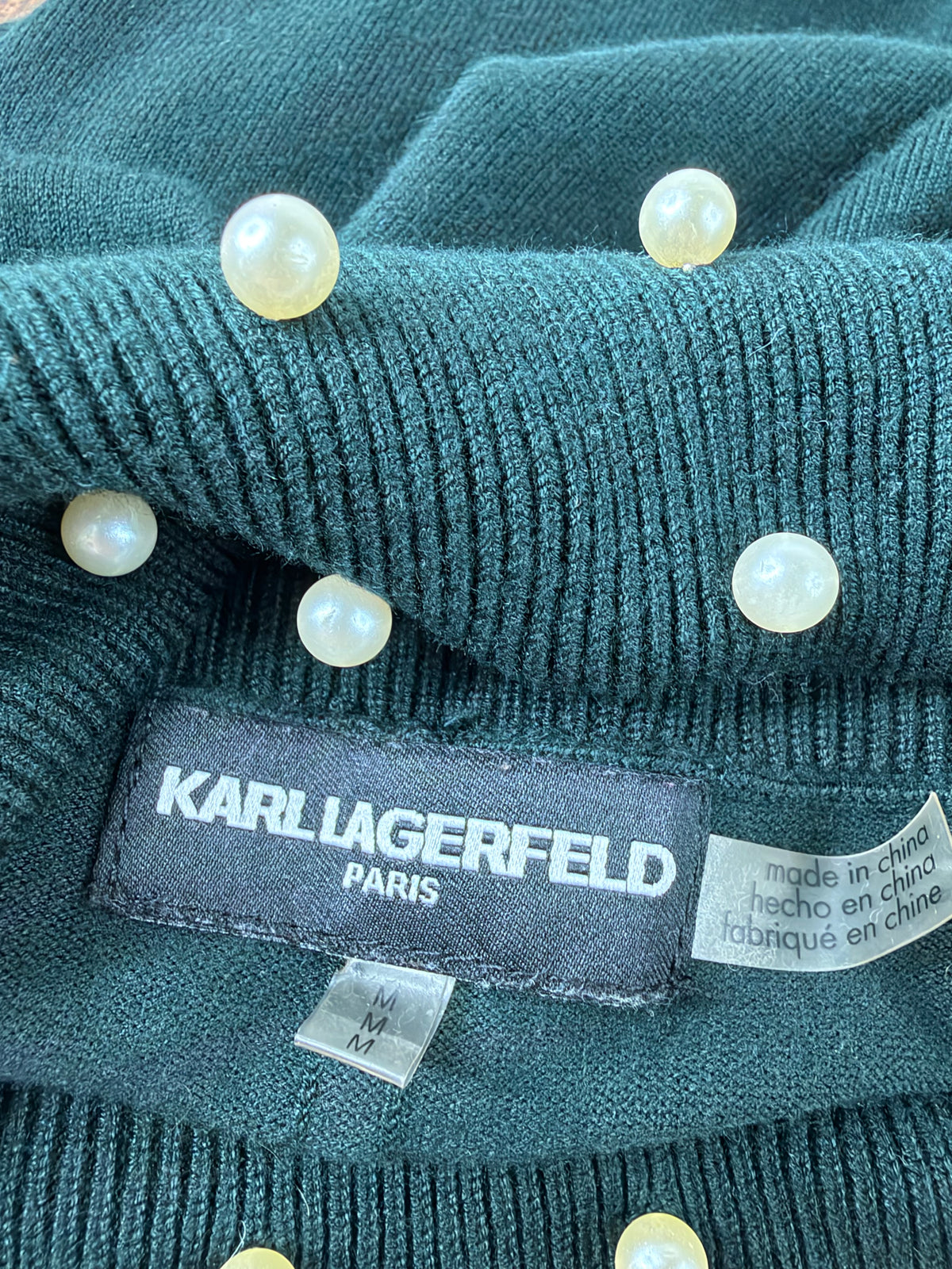 Karl Lagerfeld Forest Green Faux Pearl Embellished Turtleneck - AU10/12