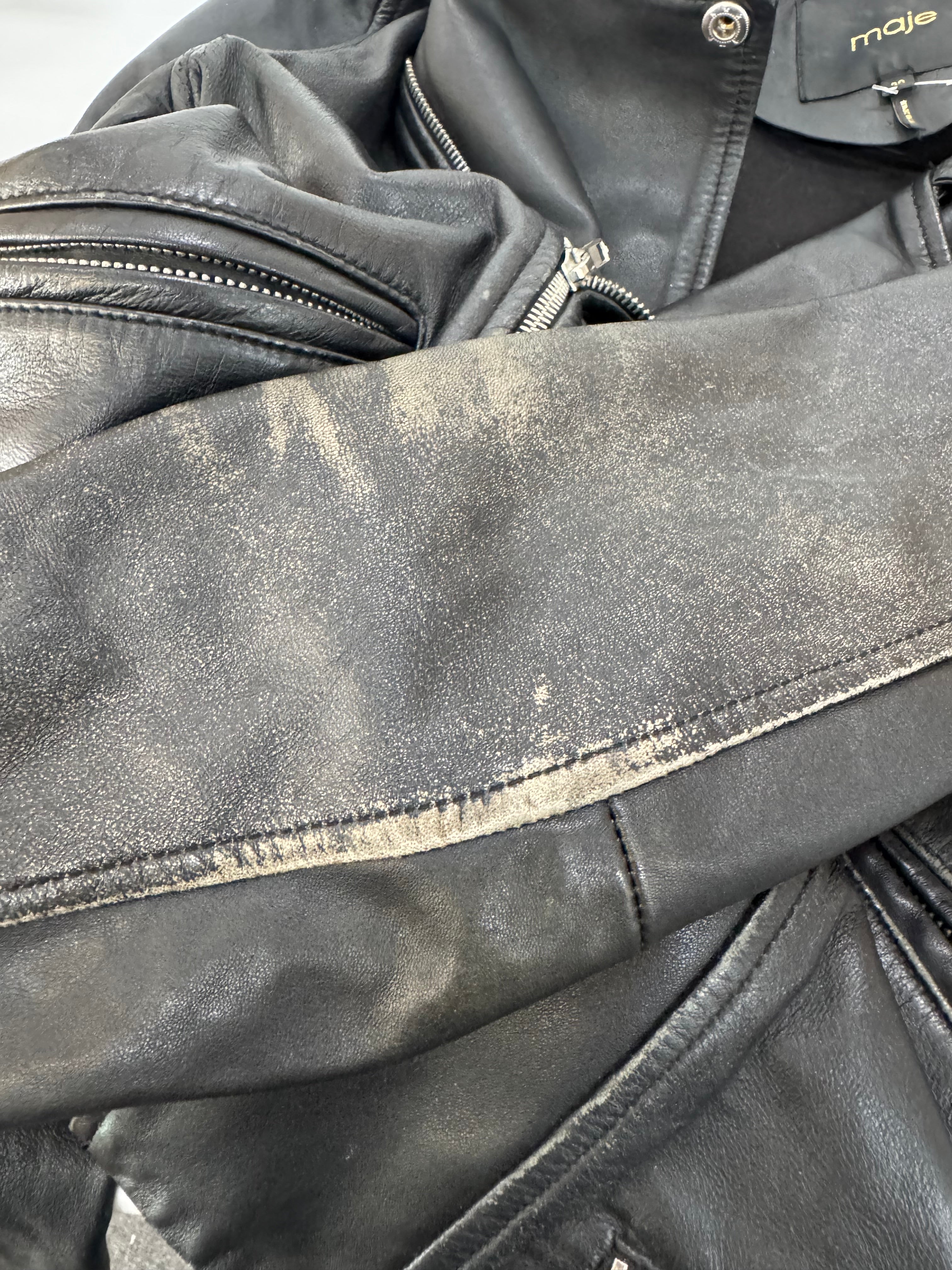 Maje Black Leather Cropped Biker Jacket - AU10
