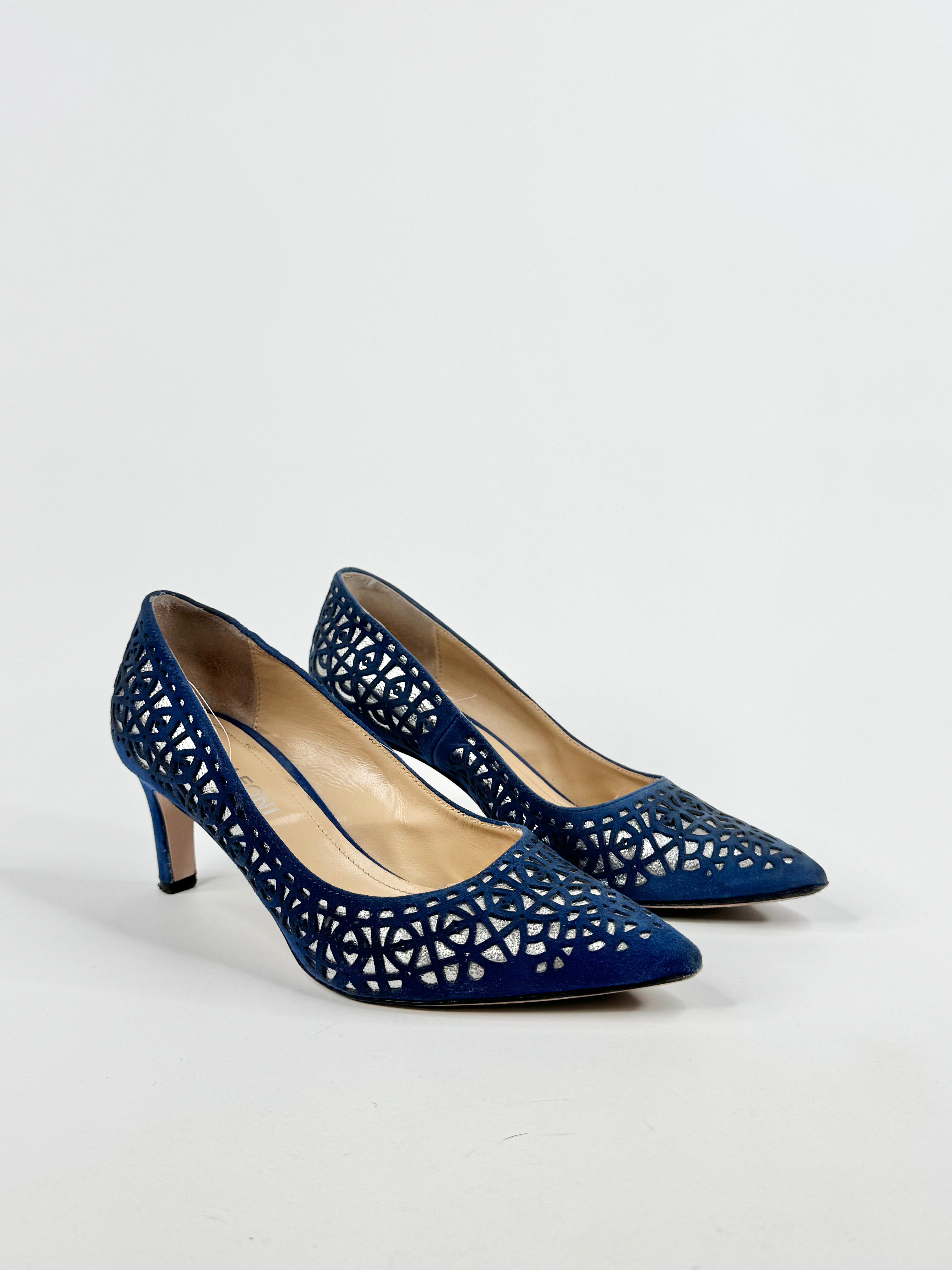 Napoleoni Blue & Silver Lazer Cut Kitten Heels - EU37.5