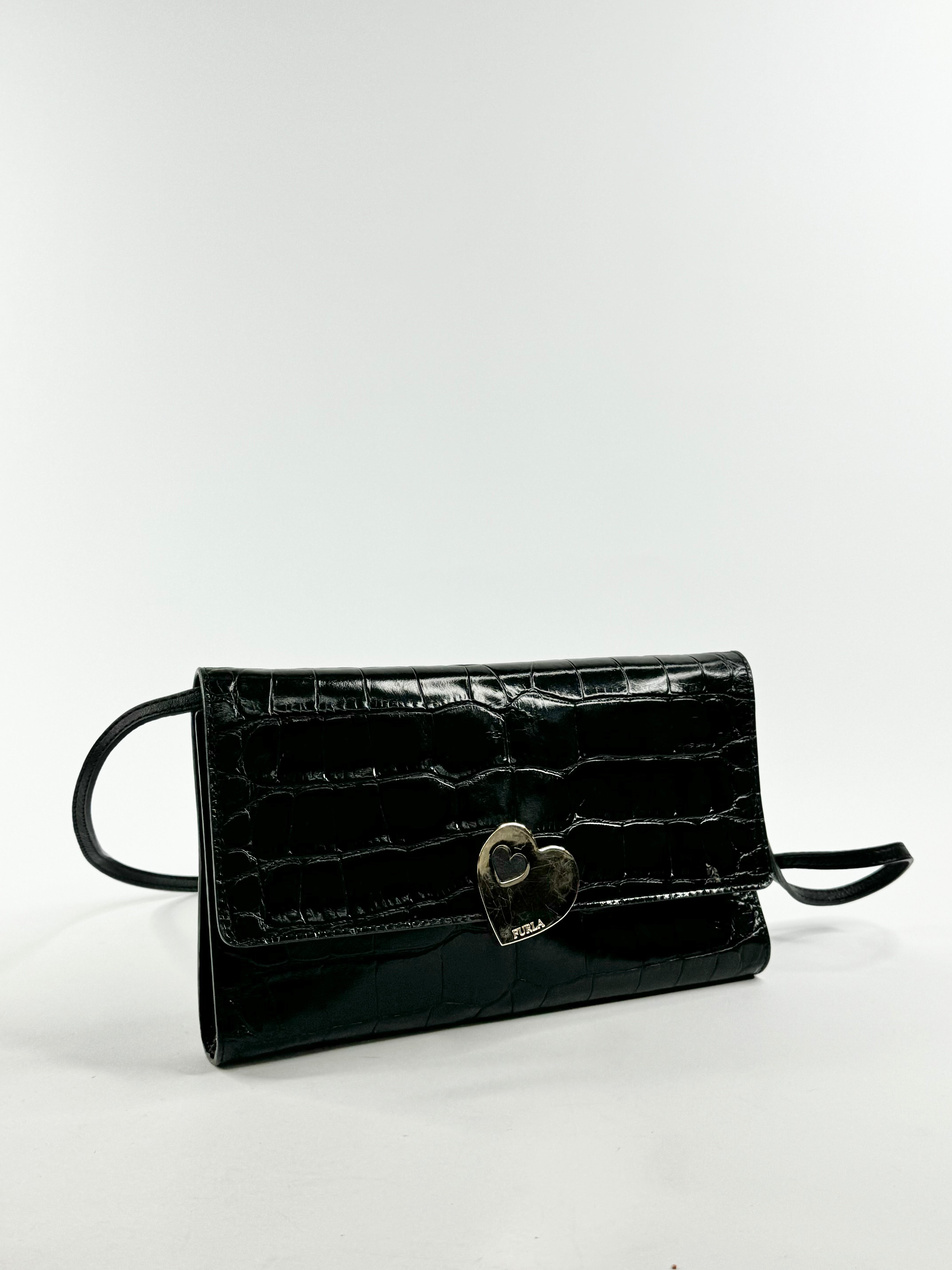 Furla Black Croc Textured Cross Body Bag