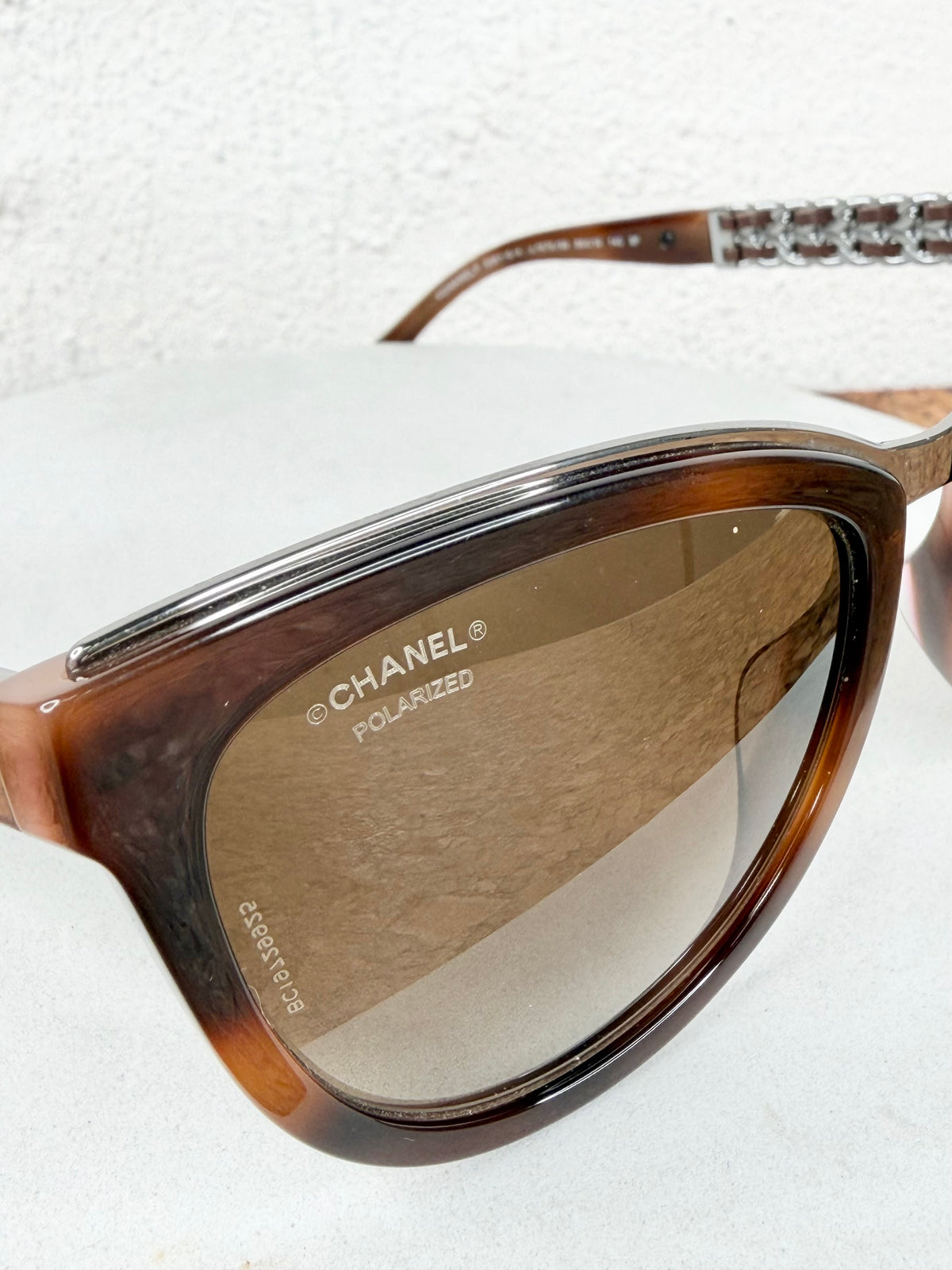 Chanel Brown Chain & Leather Link Cat Eye Sunglasses