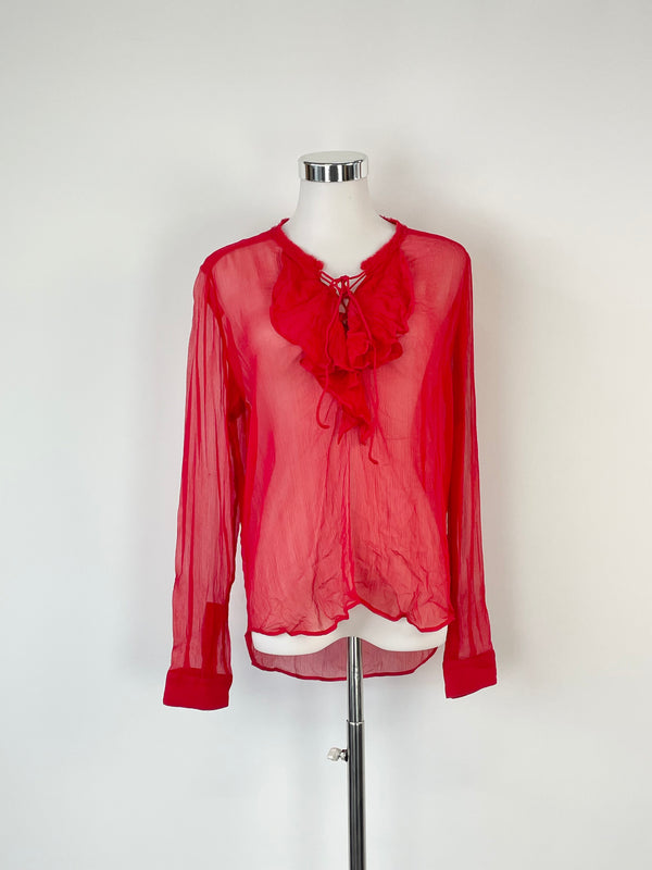 The Kooples Sheer Silk Red Ruffled Blouse - AU8